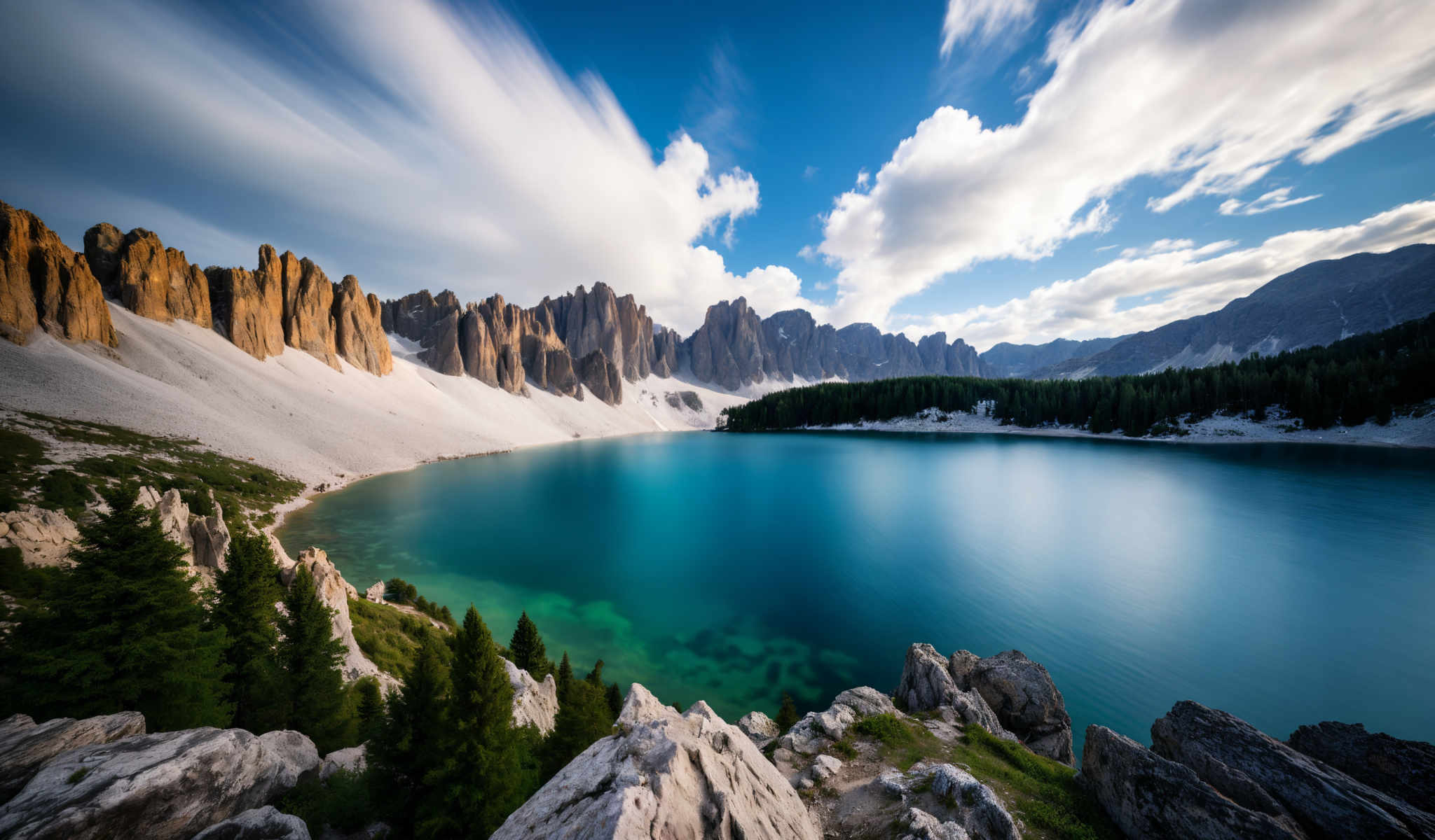 A serene landscape featuring a deep blue lake surrounded by mountains and trees.