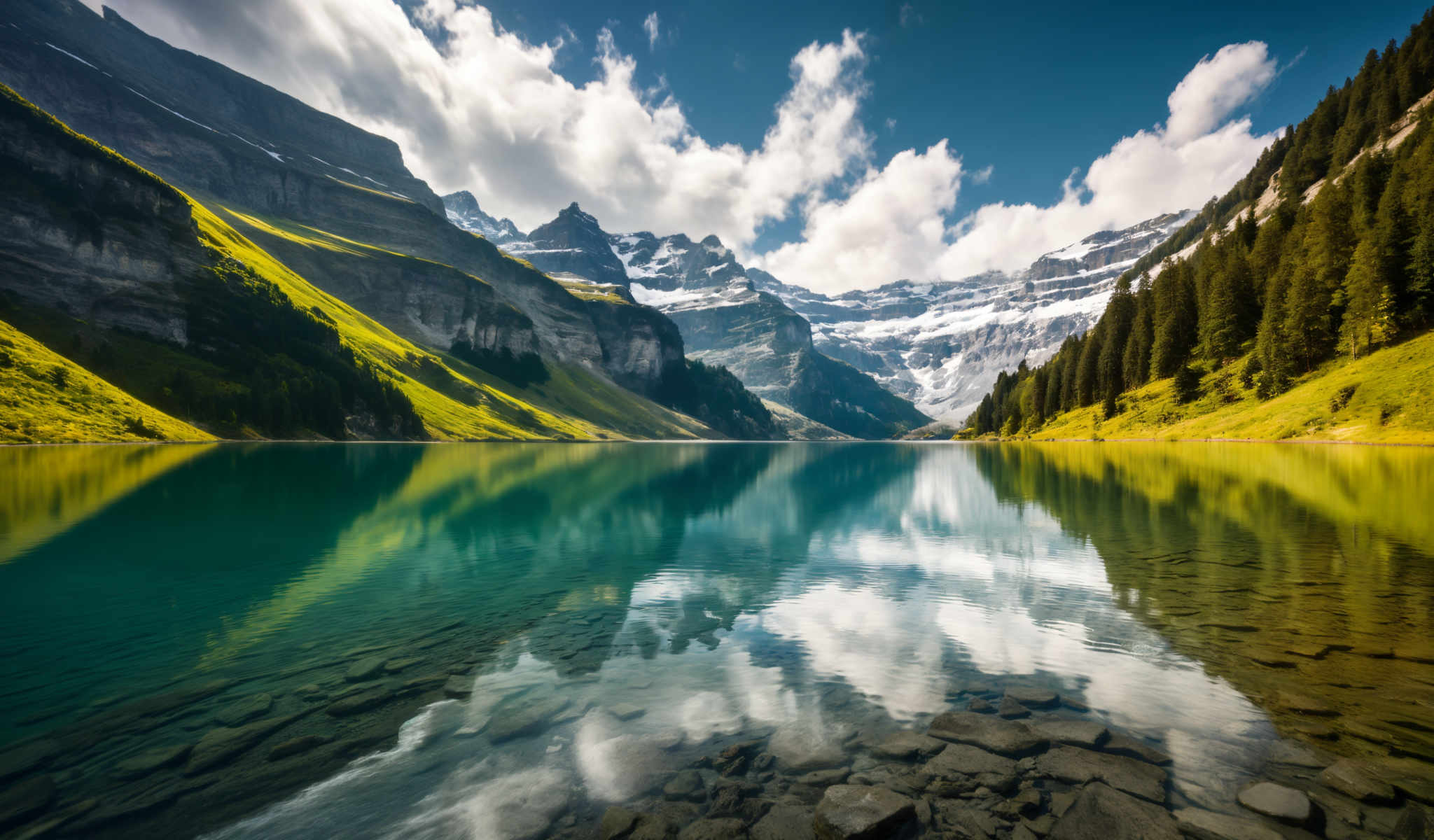 A serene mountain lake with a clear blue sky above.