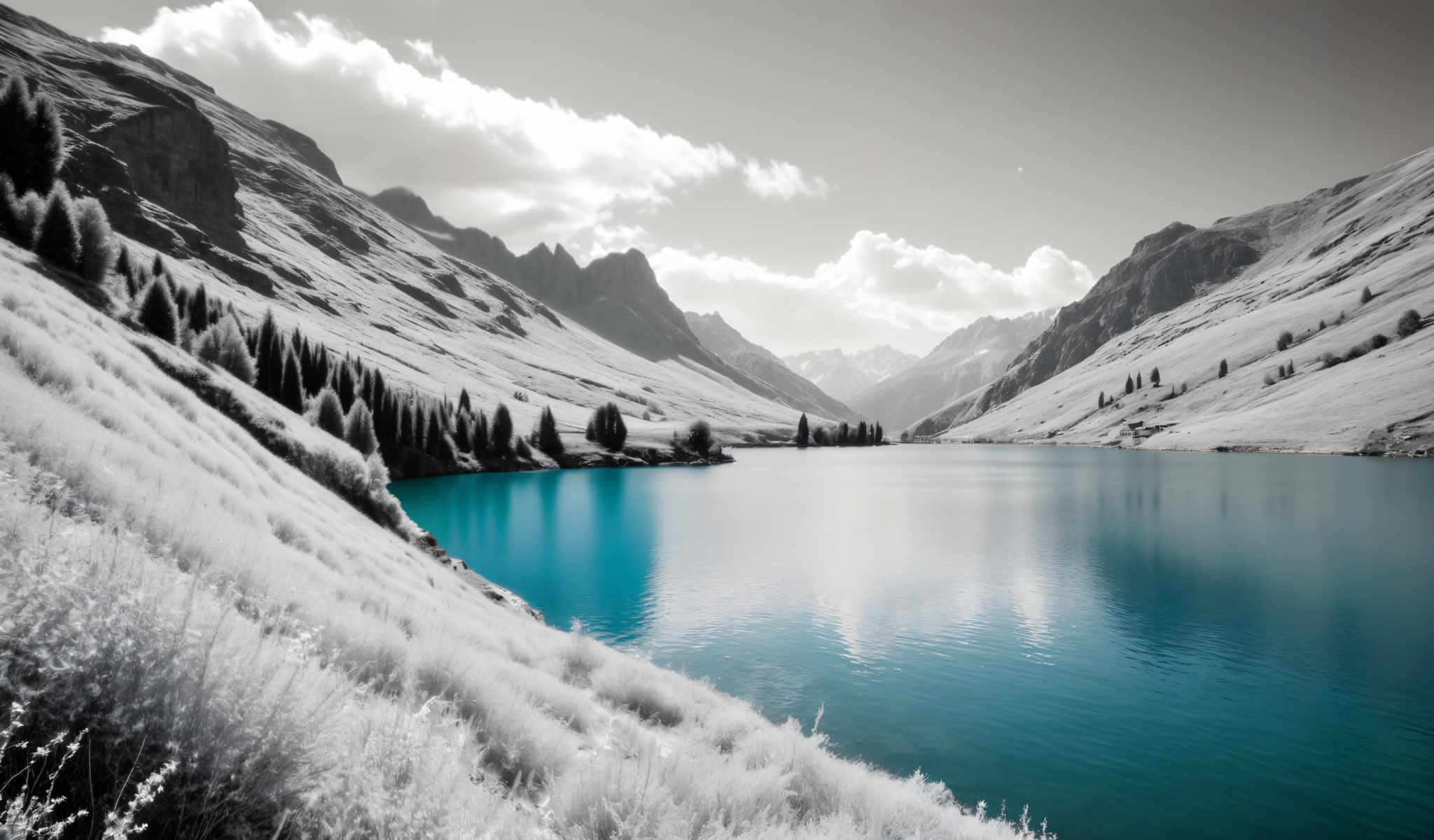 A serene mountain landscape with a deep blue lake in the foreground. The mountains are covered in snow and the sky is cloudy. The lake is surrounded by trees and shrubs adding to the beauty of the scene. The image is in black and white giving it a timeless feel. The perspective is from the shore of the lake looking out towards the mountains. The colors are predominantly blue white and black creating a peaceful and calming atmosphere. The landmark identifier "sa_1624" does not provide additional information about the location of this scene.