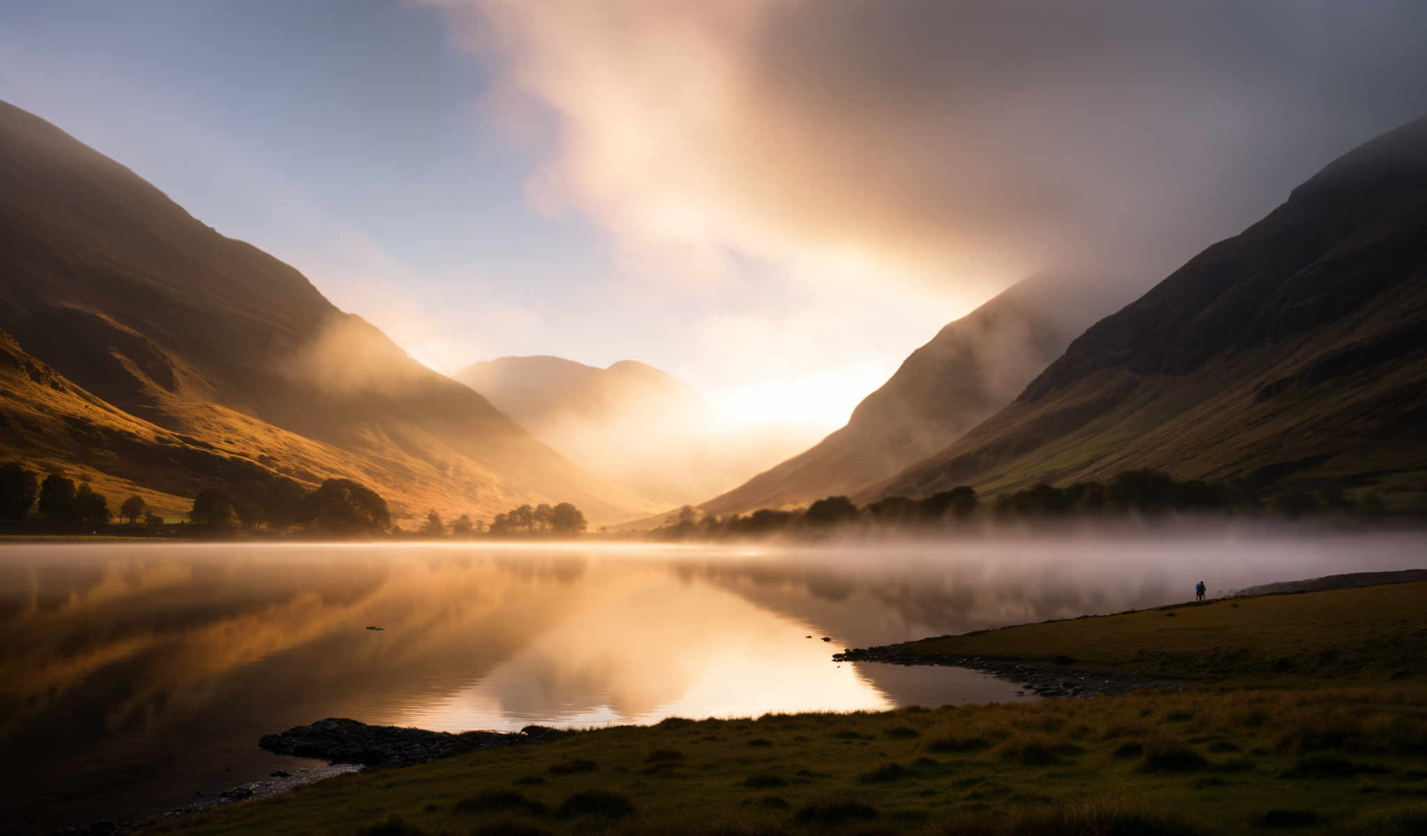 A serene landscape with a mountain range in the background a lake in the foreground and a foggy sky.