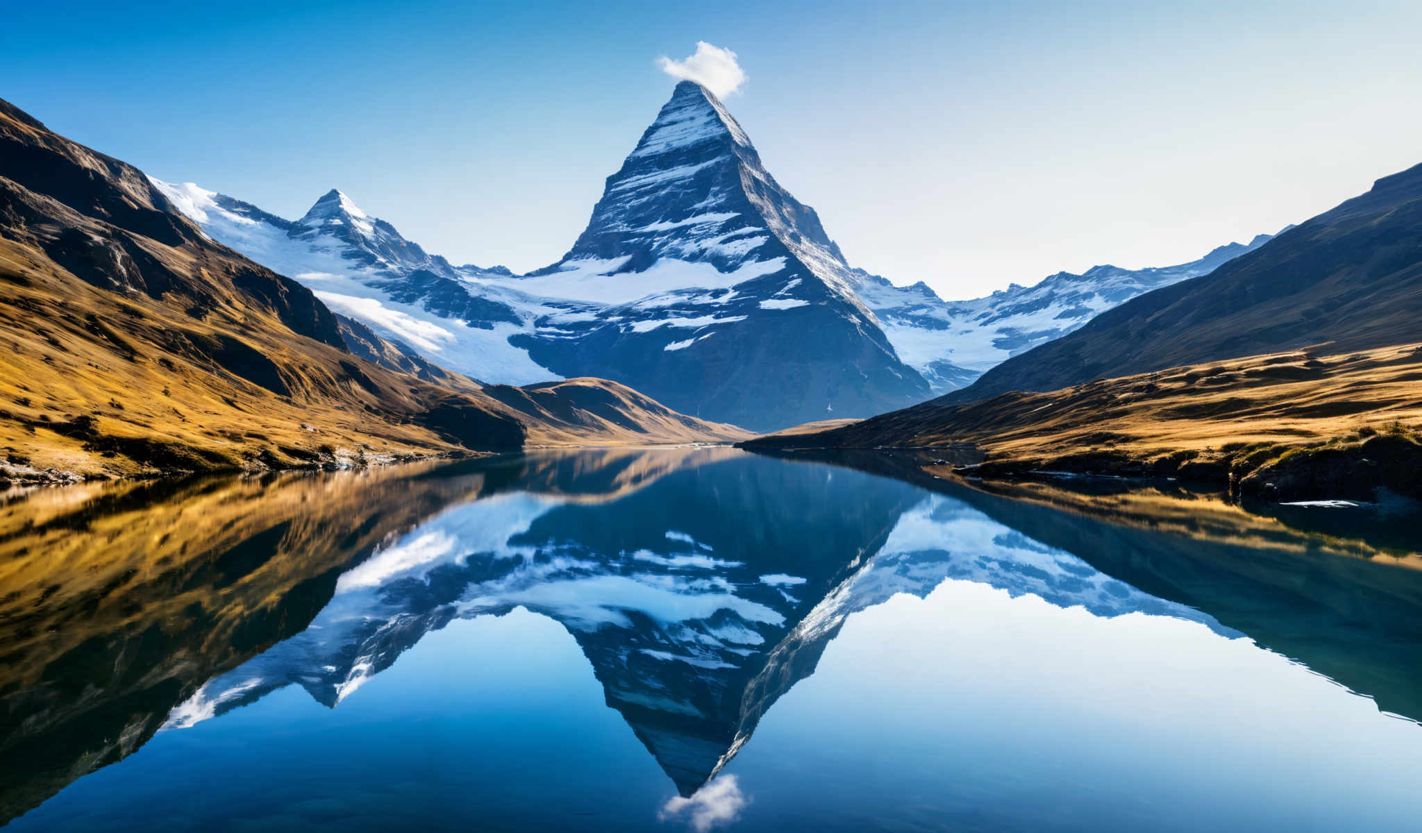 A serene mountain landscape with a clear blue sky. The mountain covered in snow is the main focus of the scene. It is surrounded by a body of water that mirrors its majestic form. The water is a deep blue reflecting the sky above. The sky is clear and blue with a few clouds scattered in the distance. The landscape is lush and green with trees and grass covering the lower parts of the mountain. The image captures the beauty and tranquility of nature in its purest form.