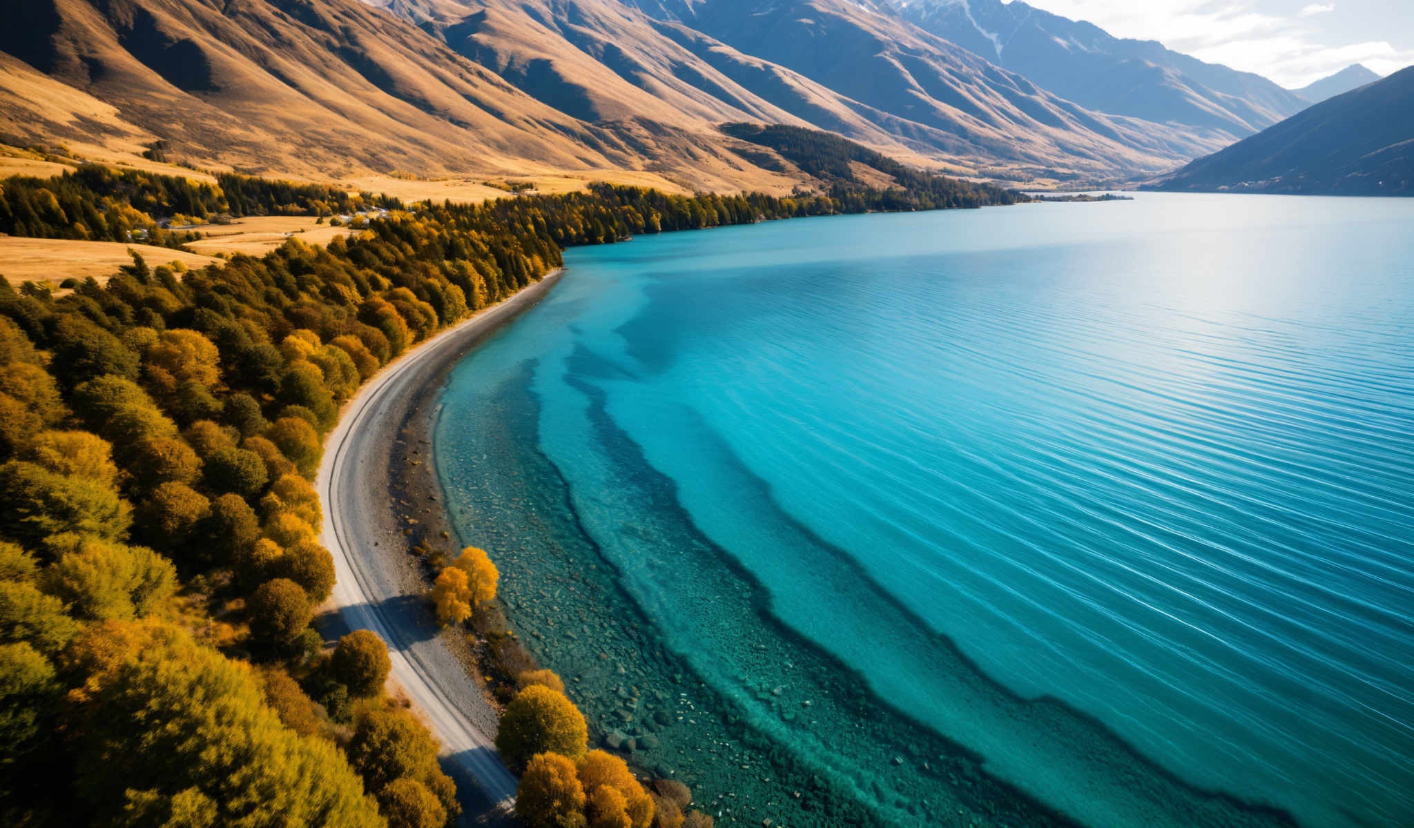 A serene landscape featuring a mountainous backdrop a lake and a road. The lake is a beautiful shade of blue surrounded by mountains and trees. The road curving gently is lined with trees displaying the vibrant hues of autumn. The sky above is a clear blue adding to the tranquility of the scene. The image captures the essence of nature's beauty and the peacefulness of a quiet day in the countryside.