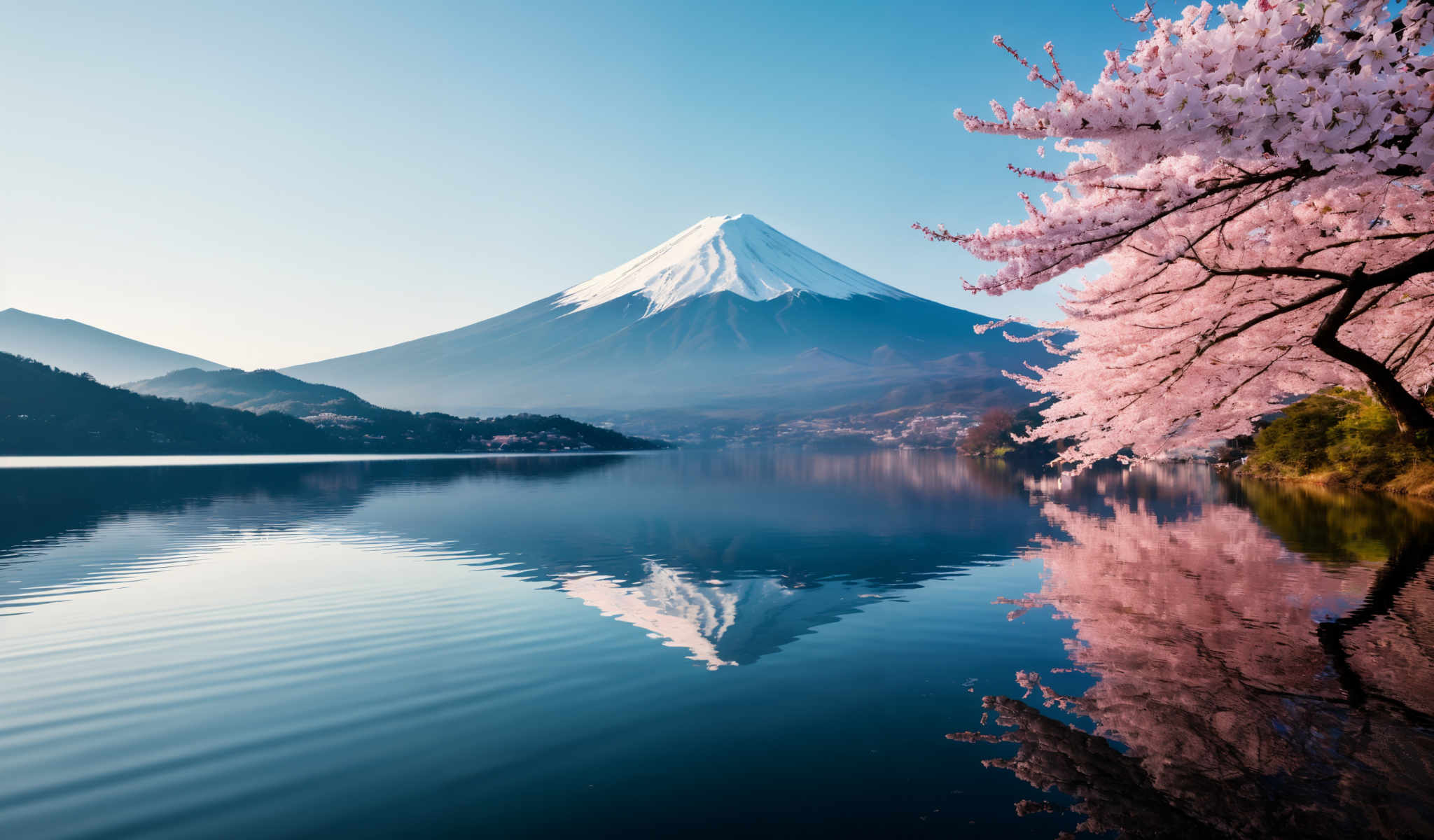 A serene scene of a mountain with a snow covered peak. The mountain is surrounded by a body of water creating a beautiful reflection. The sky above is clear and blue adding to the tranquility of the scene. In the foreground there are cherry blossom trees in full bloom their pink flowers adding a splash of color to the scene.

The mountain itself is majestic with a large snow covered summit that stands out against the blue sky. The water surrounding the mountain is calm with only small ripples disturbing its surface. The reflection of the mountain in the water is clear creating an almost mirror-like effect.

The cherry blossom tree in the foreground is in full flower its pink blossoms contrasting beautifully with the blue of the sky and water. The tree is located in the bottom right corner of the photo providing a nice balance to the composition.

Overall this image captures a peaceful and beautiful scene with the mountain water and cherry blossom all contributing to a sense of tranquility and natural beauty.