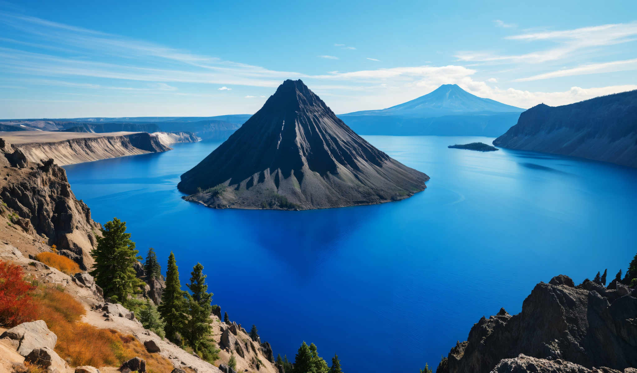 A serene landscape features a deep blue lake a black mountain and a white mountain. The lake is surrounded by green trees and rocks. The black mountain is in the center of the lake while the white mountain is on the right side. The sky is clear and blue.