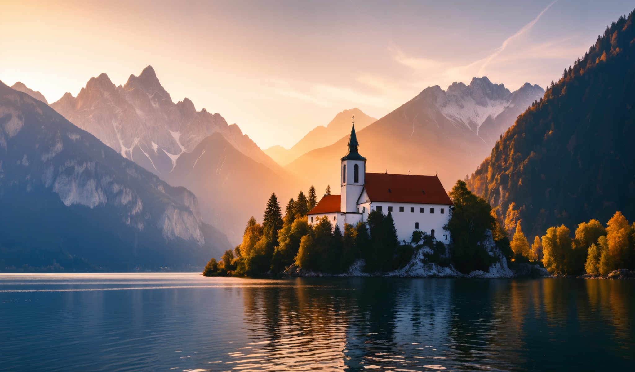 A serene scene of a white church with a red roof and a steeple surrounded by mountains and a lake. The church is located on a small island in the middle of the lake.