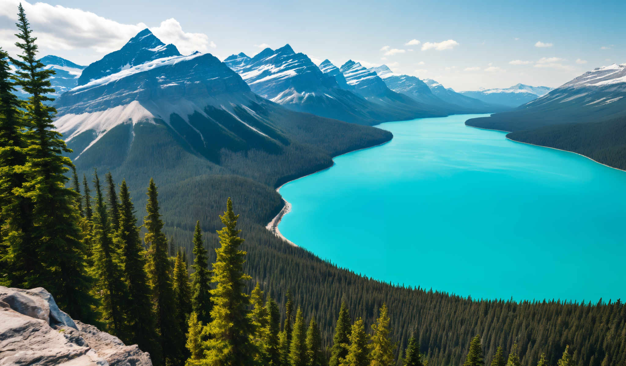 A breathtaking view of a mountainous landscape with a turquoise lake in the center. The mountains are covered in snow and the sky is a clear blue. The lake is surrounded by trees and there are a few more trees in the foreground. The image is taken from a high vantage point providing a panoramic view of the scene. The colors in the image are vibrant with the turquoise of the lake contrasting beautifully with the blue of the sky and the green of the trees. The snow-covered mountains add a touch of white to the scene creating a visually stunning image.