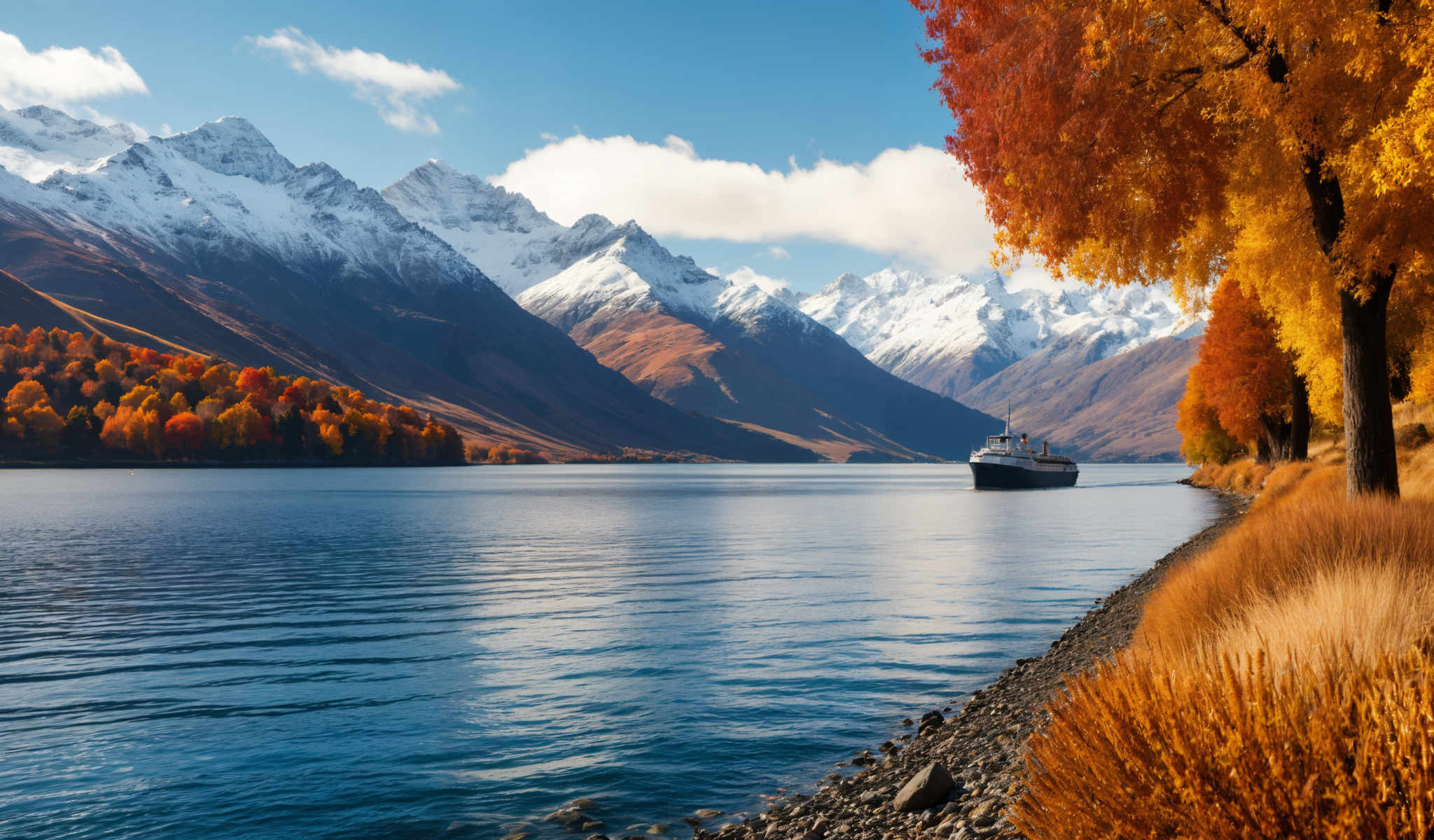 A serene scene of a mountain range with a lake in the foreground. The mountains are covered in snow and the lake is a deep blue. A boat is sailing on the lake adding a sense of movement to the otherwise tranquil setting. The sky above is a clear blue dotted with fluffy white clouds. In the foreground there are trees with orange leaves providing a beautiful contrast to the blue of the lake and sky. The image captures the beauty of nature in its purest form.