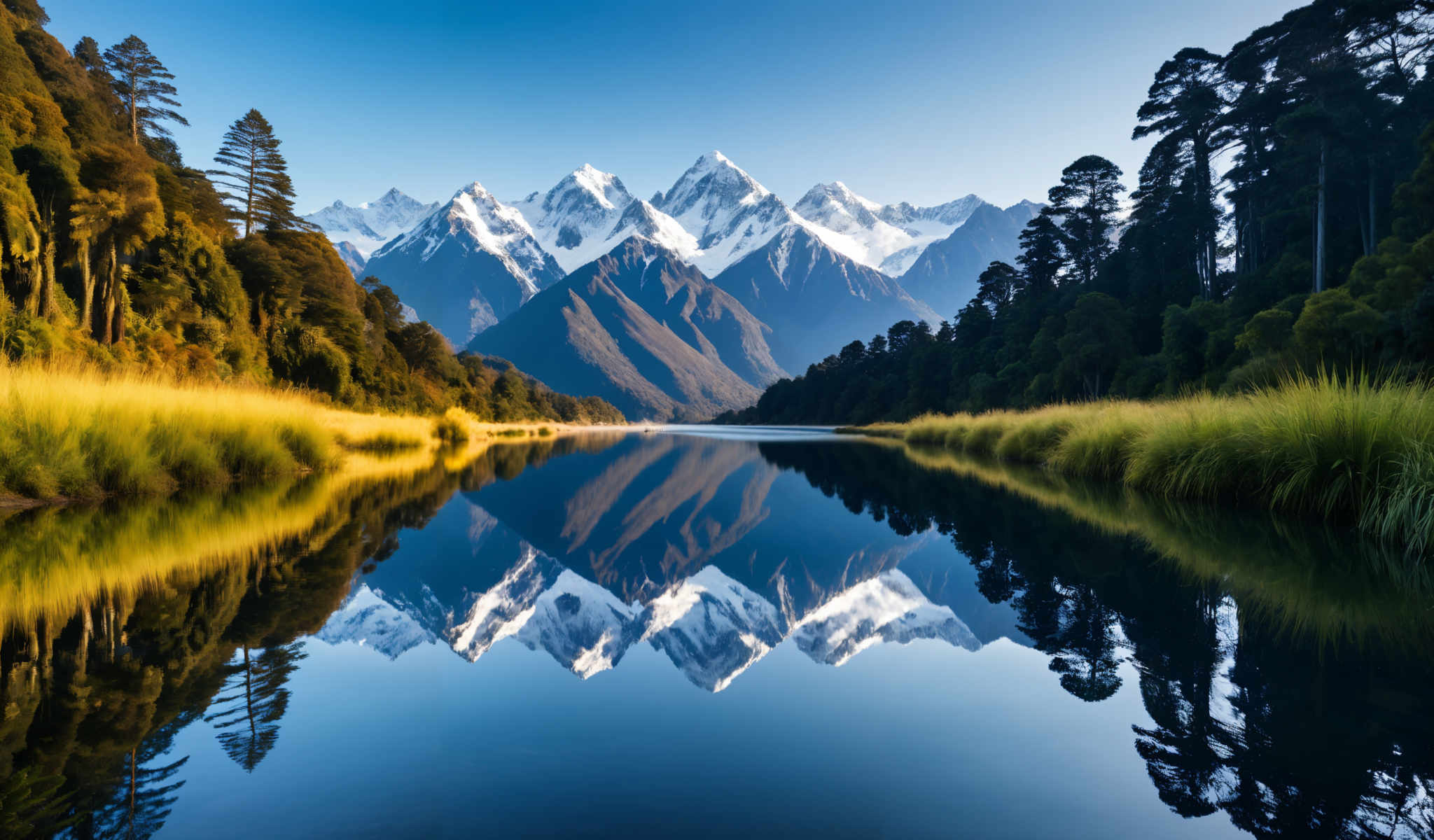 A serene mountain landscape with a lake in the foreground. The mountains are covered in snow and the sky is clear and blue. The lake is calm and still reflecting the mountains and the clear blue sky. The surrounding area is lush and green with trees and grass. The image is taken from a low angle looking up at the mountains. The colors in the image are vibrant and the lighting is bright indicating that the photo was taken during the day. The overall scene is peaceful and tranquil.