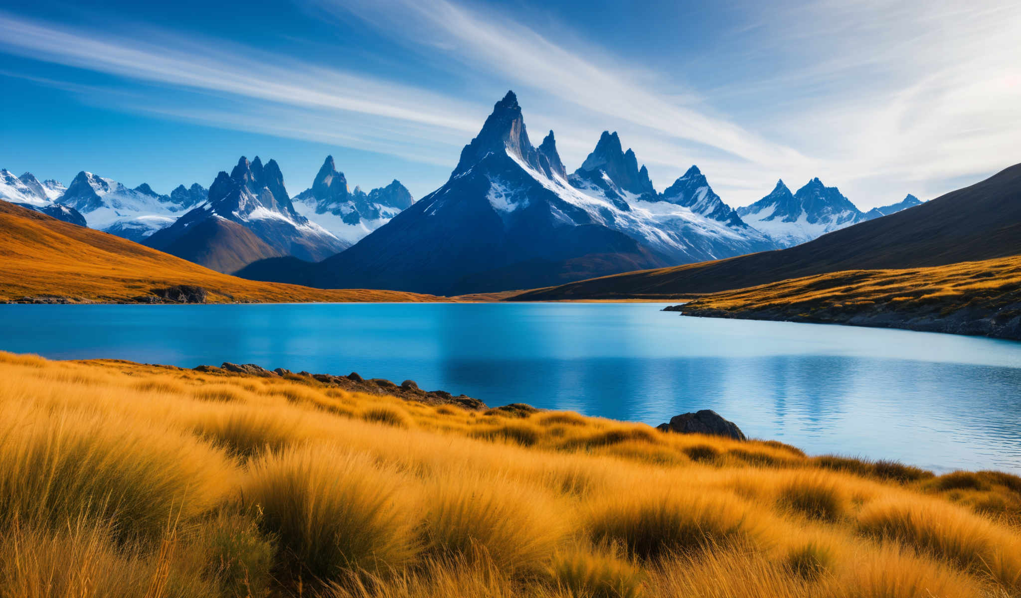 A serene landscape featuring a deep blue lake snow-capped mountains and a field of tall yellow grass.