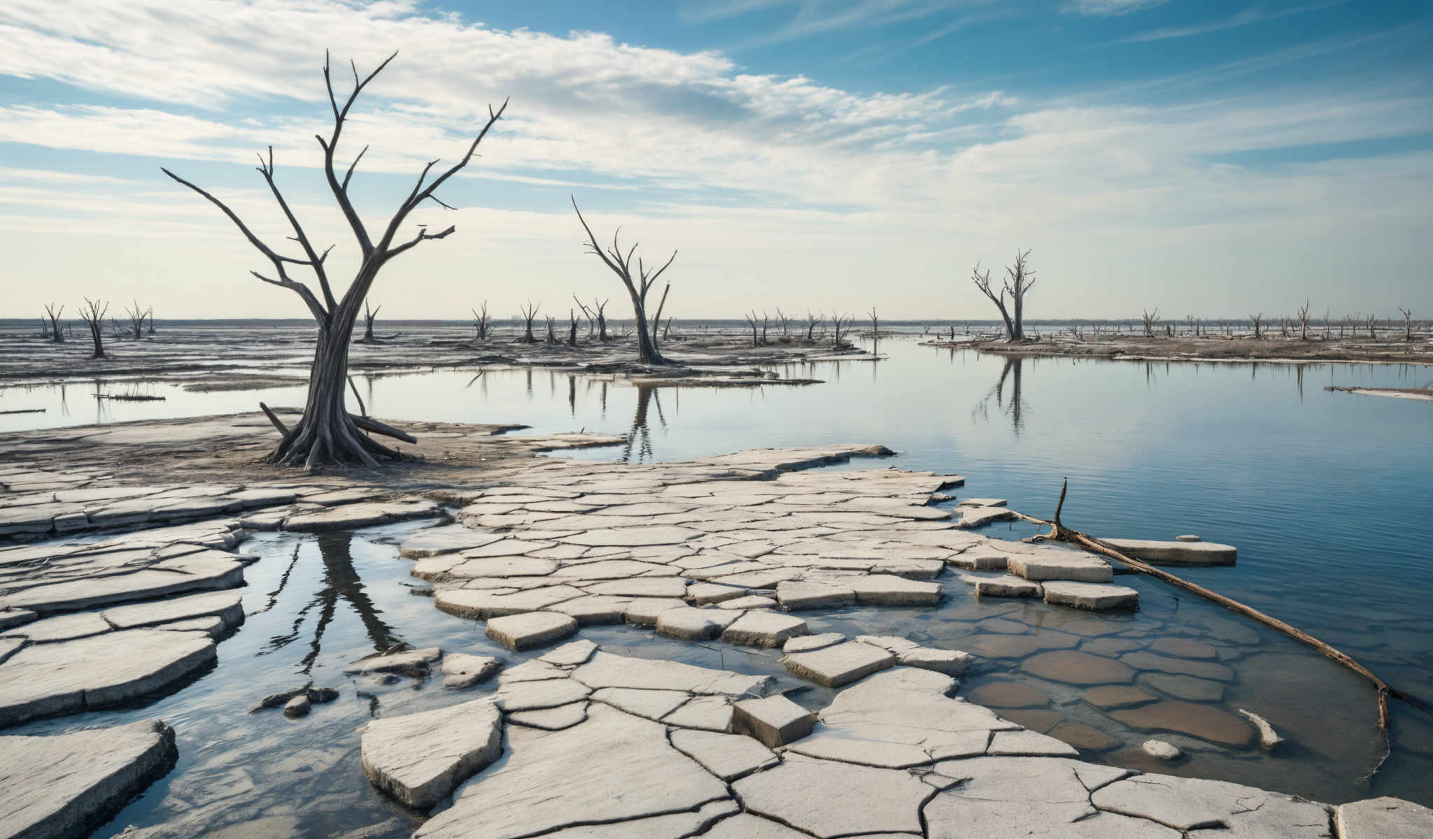 A barren landscape with a large body of water and a few trees.