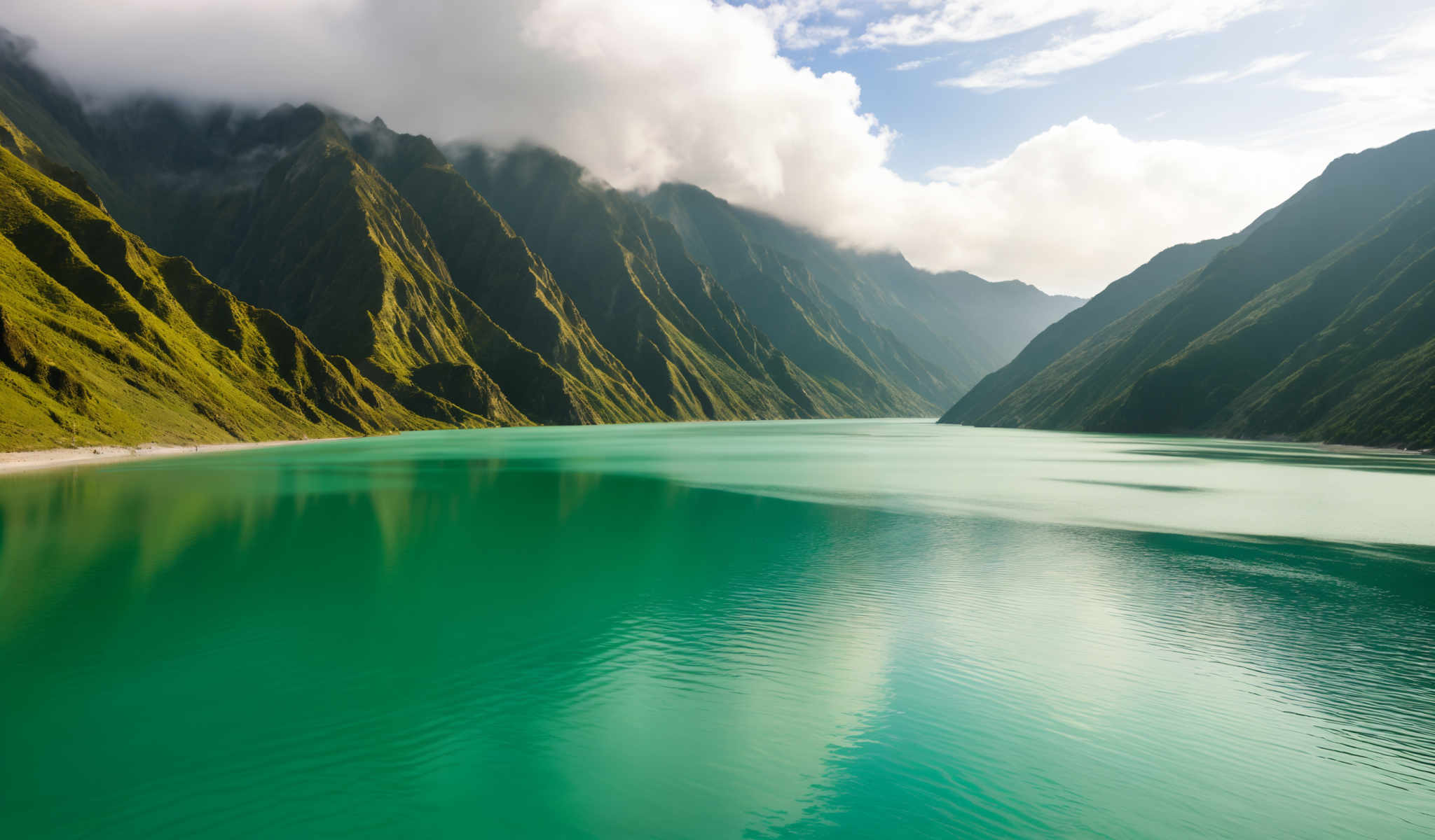 A serene mountainous landscape with a bright blue lake in the foreground. The mountains are covered in lush green vegetation and the sky is a clear blue with a few clouds. The lake is calm and still reflecting the surrounding scenery. The image captures the beauty of nature in its purest form.