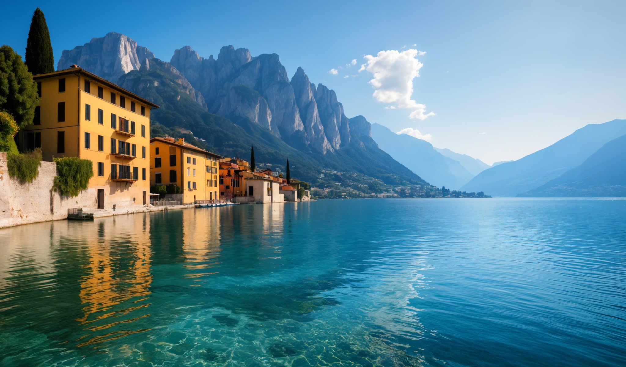 A serene lake with a mountainous backdrop surrounded by buildings painted in warm hues.