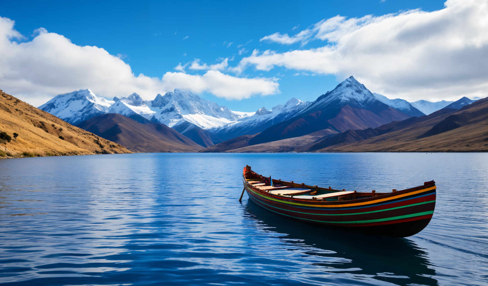 A colorful boat is floating on a blue lake with snow covered mountains in the background.