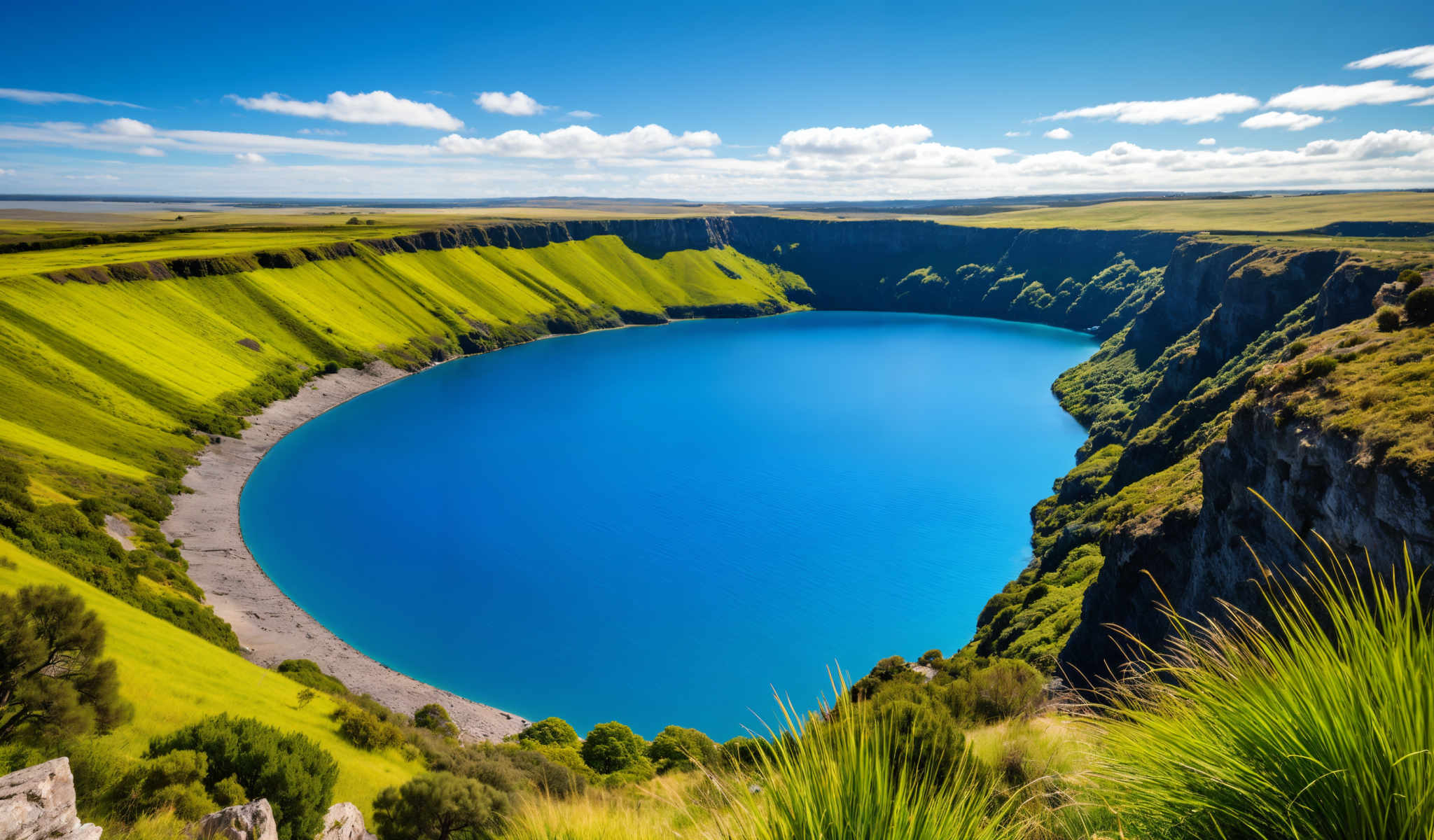 A beautiful blue lake surrounded by green hills.