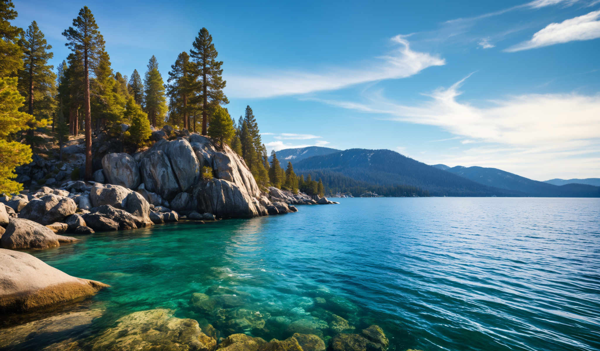 A serene lake surrounded by mountains and trees.