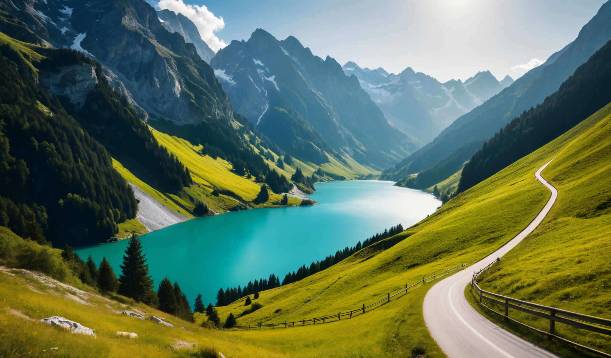 A serene mountainous landscape with a deep blue lake in the center. The lake is surrounded by lush greenery and towering mountains. A winding road runs along the edge of the lake adding a sense of depth and perspective to the scene. The sky above is a clear blue with a few clouds scattered across it. The image captures the beauty and tranquility of nature with the lake and mountains providing a stunning contrast of colors. The road adds a touch of human presence suggesting that this peaceful landscape is also a place of exploration and discovery. The mountains in the background add a sense scale and grandeur to the image reminding us of the vastness of the natural world. The colors in the image are vibrant and rich with shades of blue green and brown creating a harmonious palette that is pleasing to the eye. The overall composition of the photo is balanced and well-organized with each element contributing to a cohesive and captivating visual narrative.