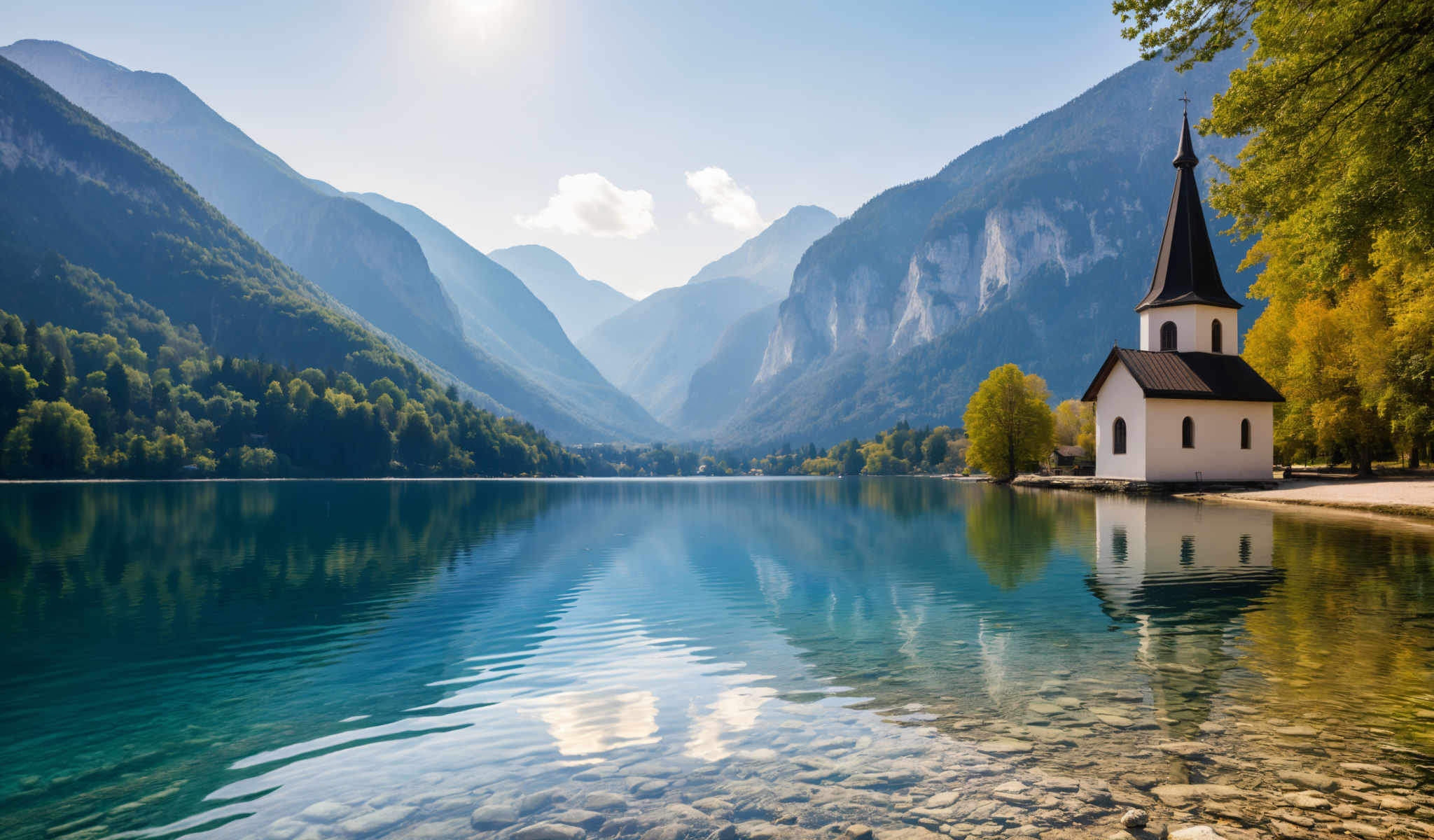 A serene lake surrounded by mountains with a small white building on the right side.