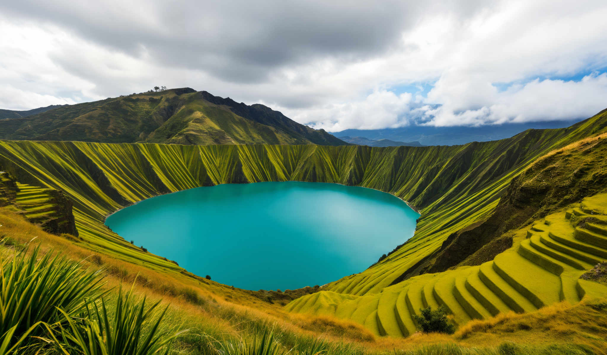 A beautiful view of a mountainous landscape with a large blue lake in the center. The lake is surrounded by green hills and fields creating a picturesque scene. The sky above is cloudy adding to the serene atmosphere. The image captures the natural beauty of the location making it a perfect representation of a tranquil getaway.