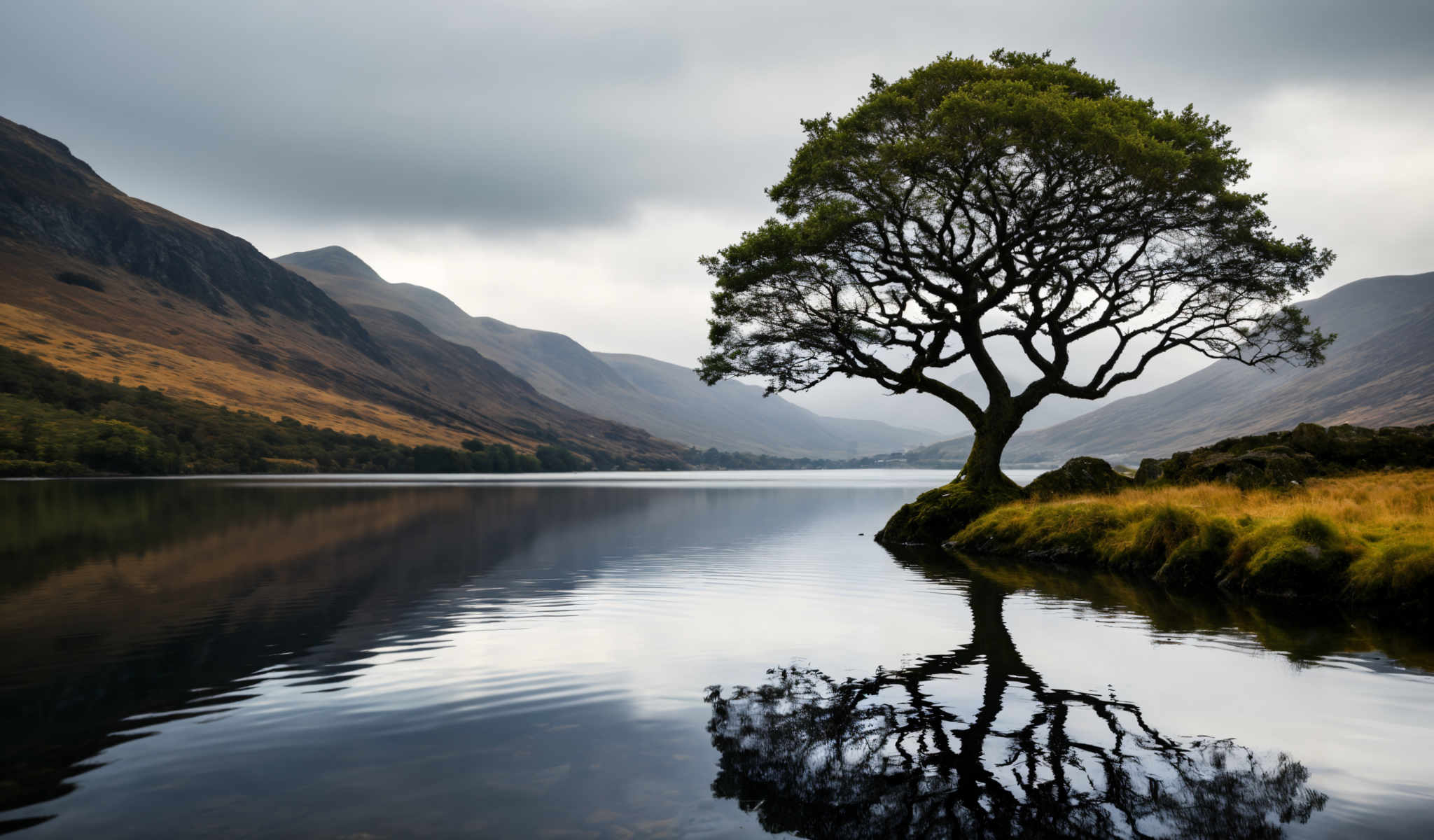 A serene scene of a tree reflected in a lake with mountains in the background.