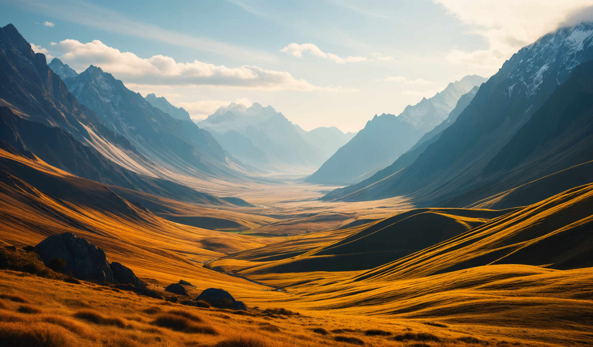 A beautiful mountain range with a valley in the middle. The mountains are covered in snow and the valley is filled with grass. The sky is blue and the sun is shining brightly.