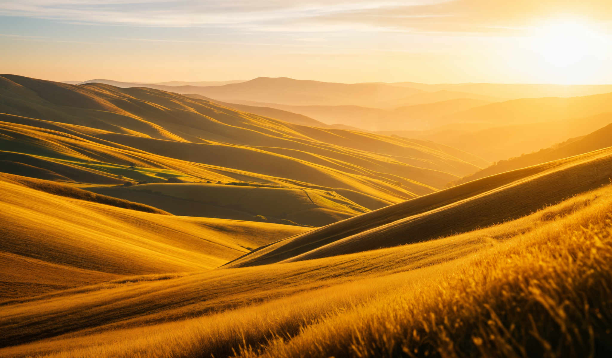 The image captures a breathtaking view of a mountainous landscape bathed in the warm glow of a setting sun. The mountains painted in hues of yellow and orange rise majestically against the backdrop of a clear blue sky. The sun partially obscured by the mountains casts long shadows and highlights the contours of the landscape. The foreground is dominated by a field of tall golden grass that sways gently adding a sense of depth and perspective to the scene. The image is a testament to the beauty of nature captured in a moment of serene tranquility.