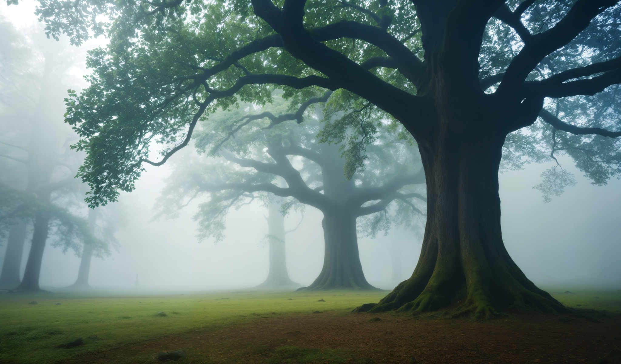 A foggy park with two large trees.