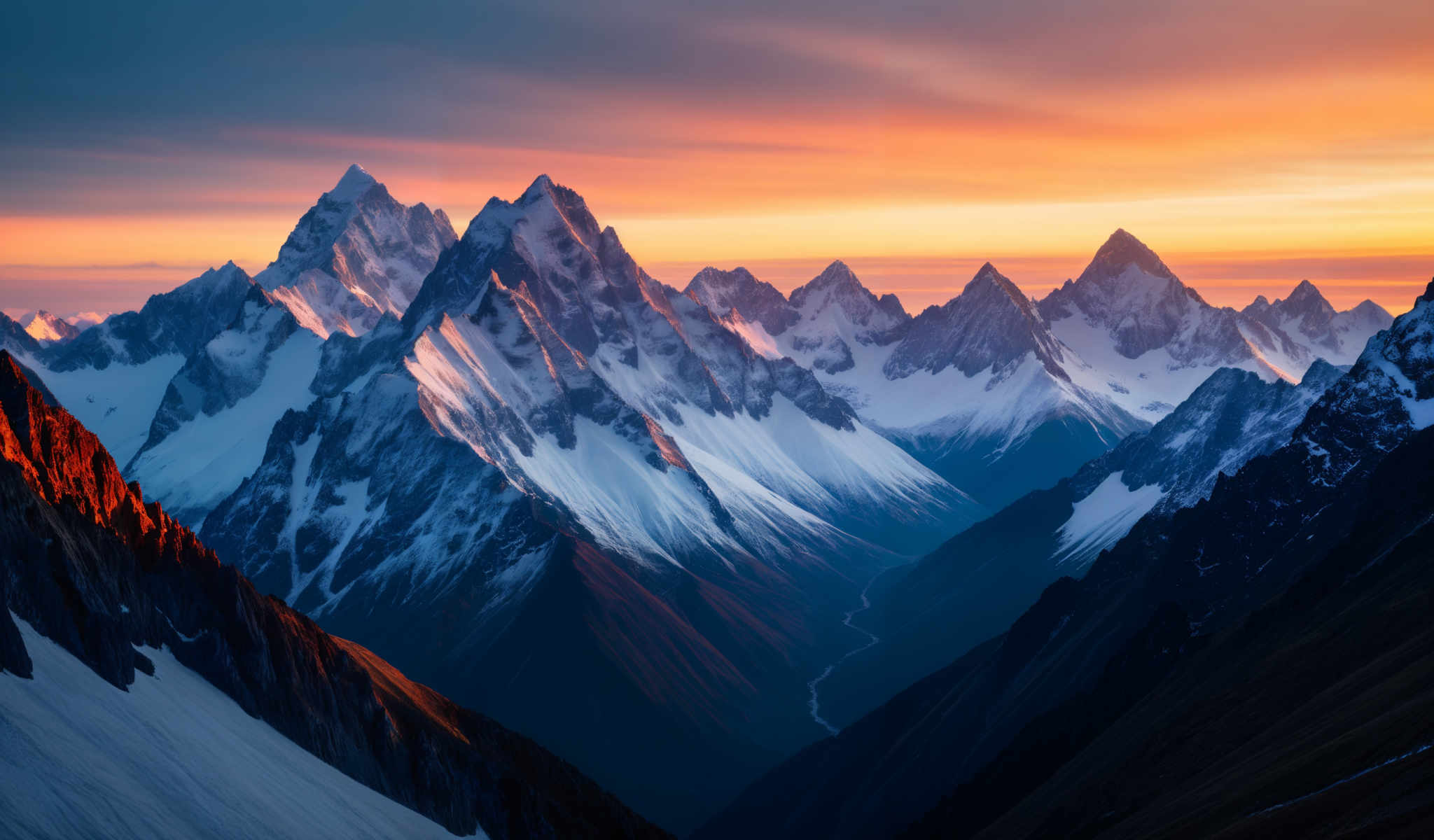 A breathtaking view of snow covered mountains at sunset.