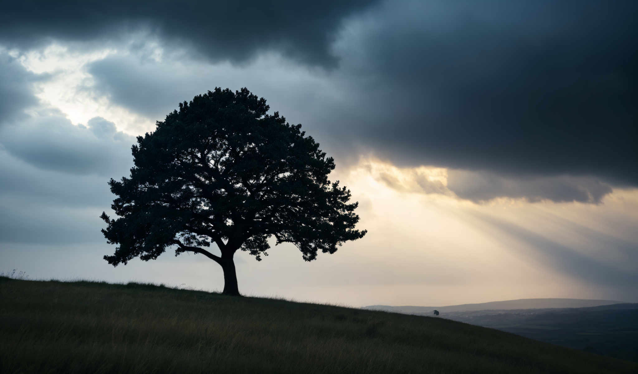 A large tree stands on a hill with a cloudy sky in the background.