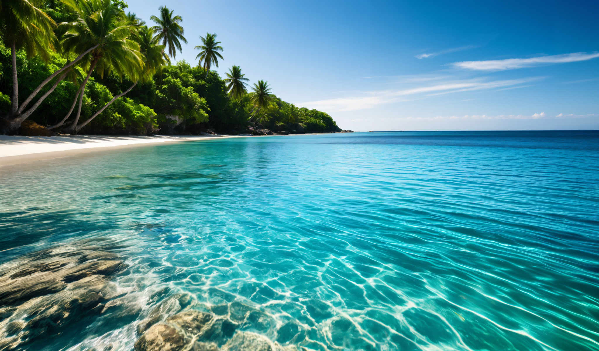 A beautiful beach scene with crystal clear blue water and a sandy shore. The water is calm and inviting with a few small waves gently lapping at the shore. There are a few palm trees and other tropical plants on the shore adding to the idyllic atmosphere. The sky above is a clear blue with only a few wispy clouds scattered across it. The perspective of the photo is from the shore looking out towards the water giving a sense of depth and vastness to the scene. The colors in the photo are vibrant and bright with the blue of the water and sky contrasting beautifully with the sandy shore and greenery. The photo captures the tranquility and beauty of a tropical beach making it a perfect representation of a peaceful getaway.