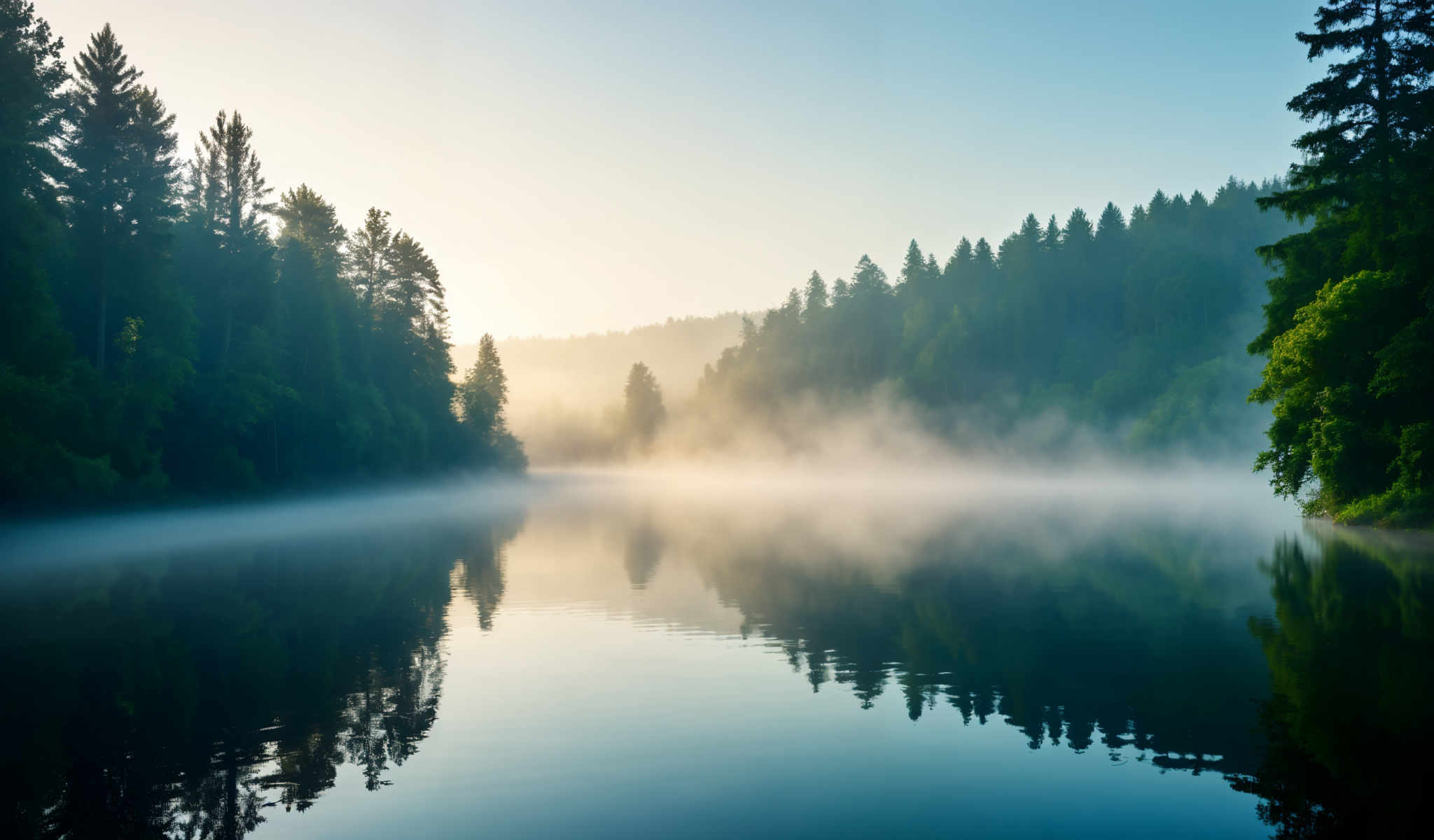 A serene scene of a foggy lake surrounded by trees. The lake is calm and still with the fog creating a beautiful ethereal atmosphere. The trees tall and lush are reflected in the water adding to the tranquility of the scene. The sky above is a clear blue with a few clouds scattered across it. The colors in the image are predominantly green and blue creating a peaceful and calming mood. The image does not contain any text or discernible actions. The relative positions of the objects suggest a vast open space with no man-made structures in sight. The fog trees and lake are the main elements in this image and they are all located in the same area. The water is in the foreground while the trees and fog are in the background. The blue sky is above all the other elements. The overall composition of the photo suggests a peaceful natural setting.