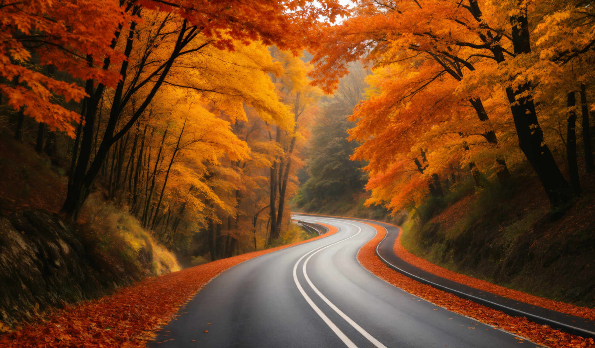 A winding road with a white line down the middle surrounded by trees with orange leaves.