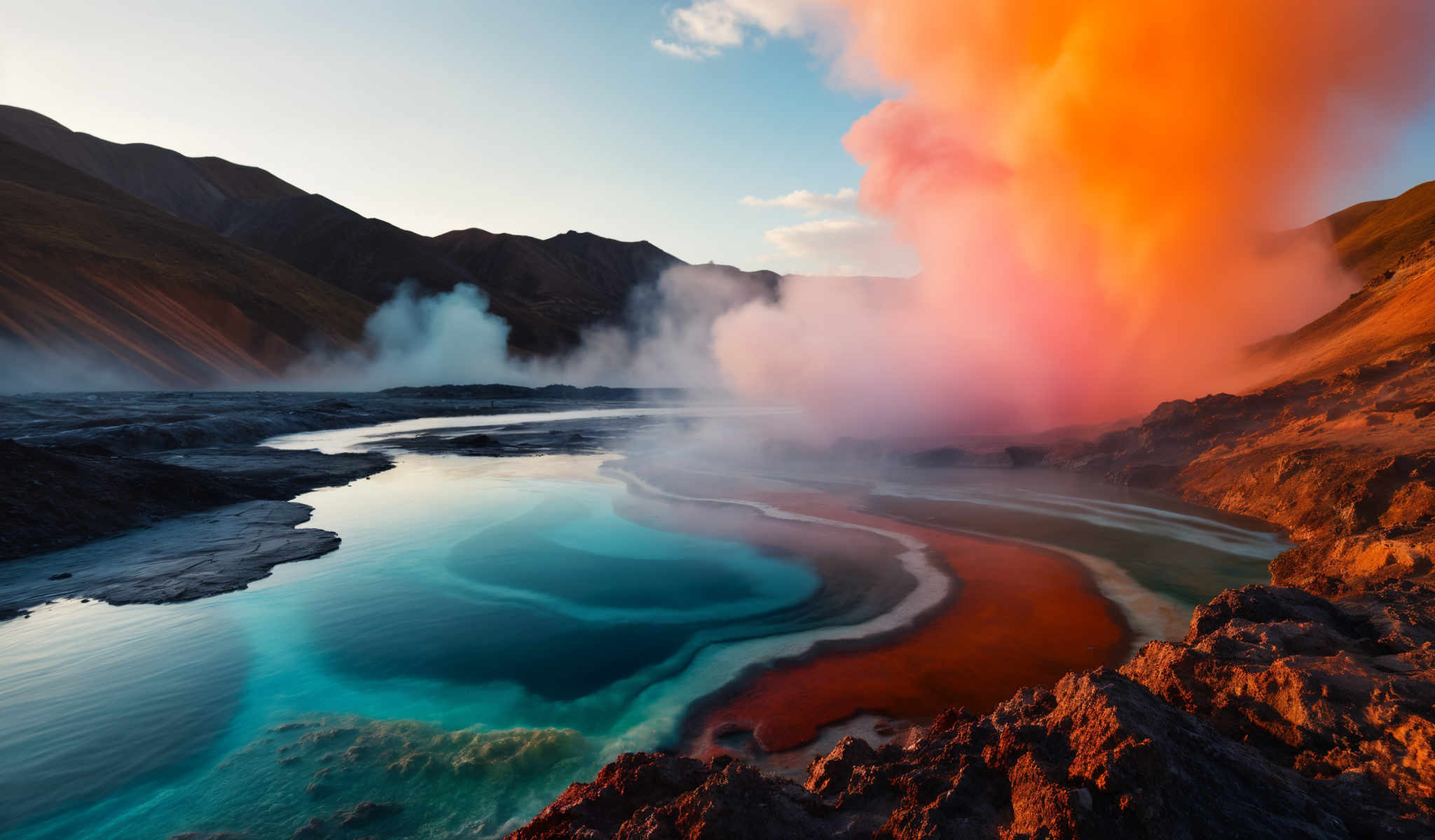 A stunning view of a lake with a volcano in the background. The lake is a beautiful blue color and the volcano is erupting with a mix of orange and pink smoke. The photo is taken from a high vantage point giving a bird's eye view of the scene. The volcano is located in the distance providing a dramatic backdrop to the serene lake. The colors in the photo are vibrant and the lighting is natural highlighting the different elements of the landscape. This image captures the raw beauty and power of nature.