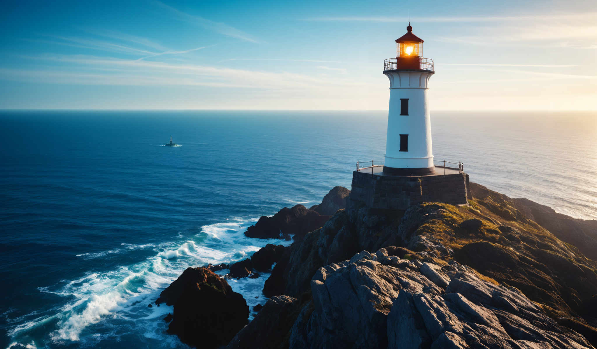 A lighthouse stands on a rocky cliff overlooking the ocean.