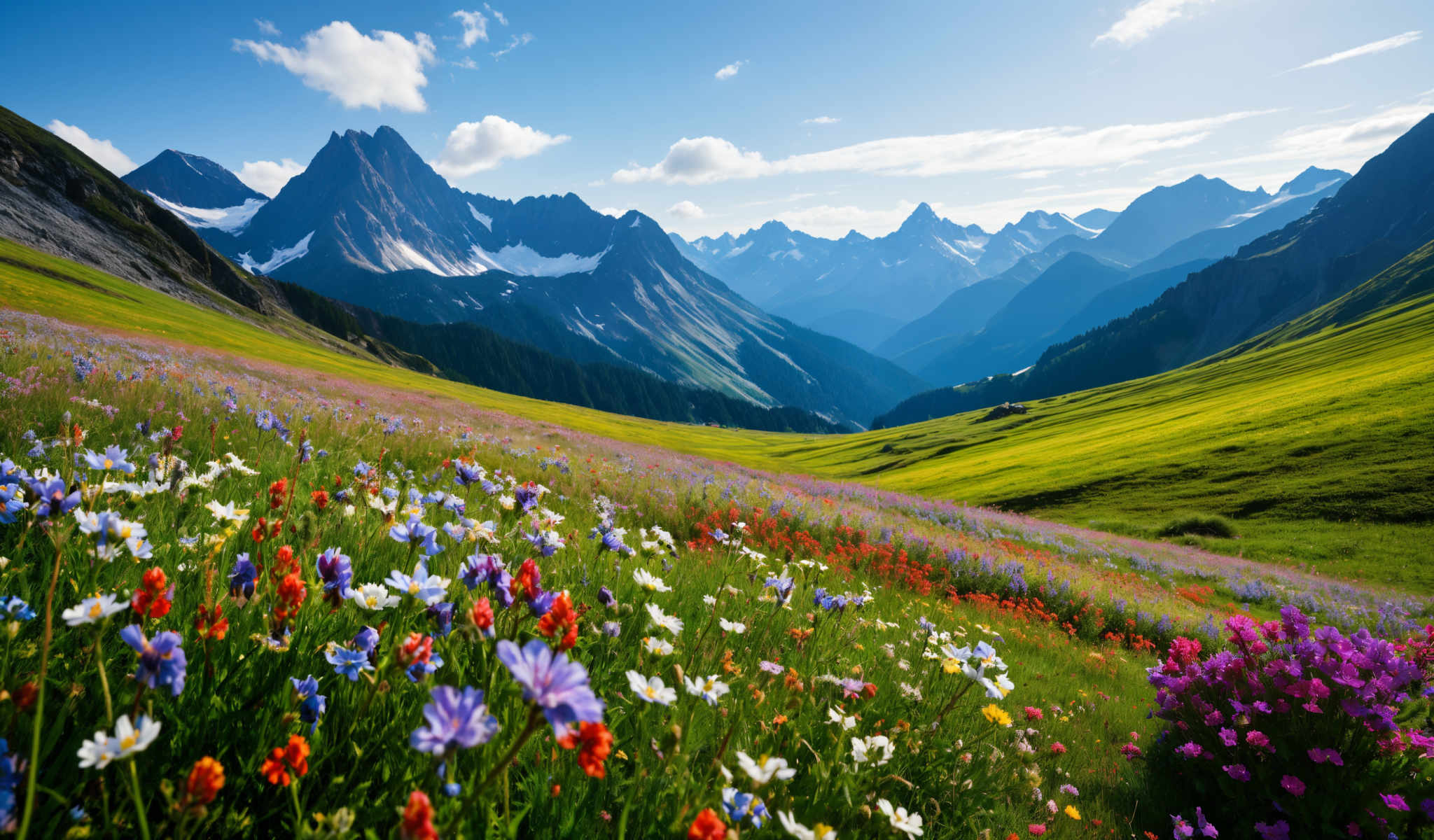 A beautiful mountain range with a valley in the middle. The mountains are covered in snow and the valley is filled with wildflowers. The sky is blue and the sun is shining brightly.