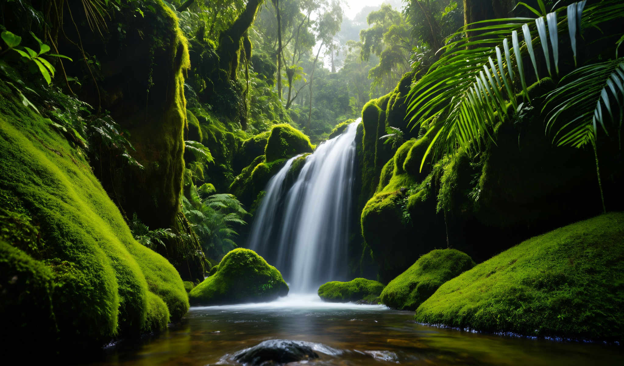 A waterfall cascades down a moss-covered cliff into a pool of water.