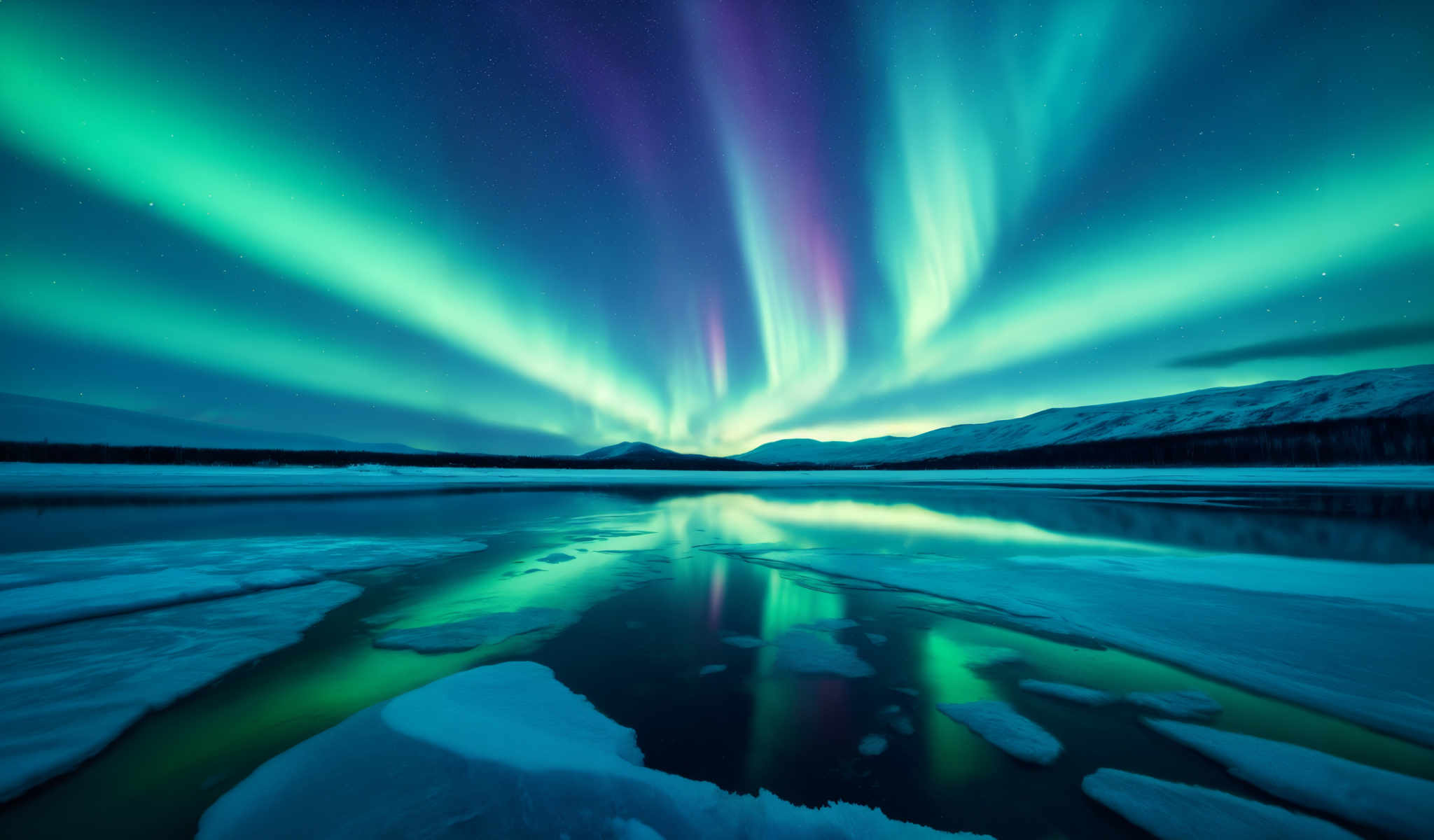 A breathtaking view of a lake with the Aurora Borealis in the background. The sky is a deep blue and the water is a light blue. The Aurora Boreal is a beautiful mix of green and purple. The mountains in the distance are covered in snow.