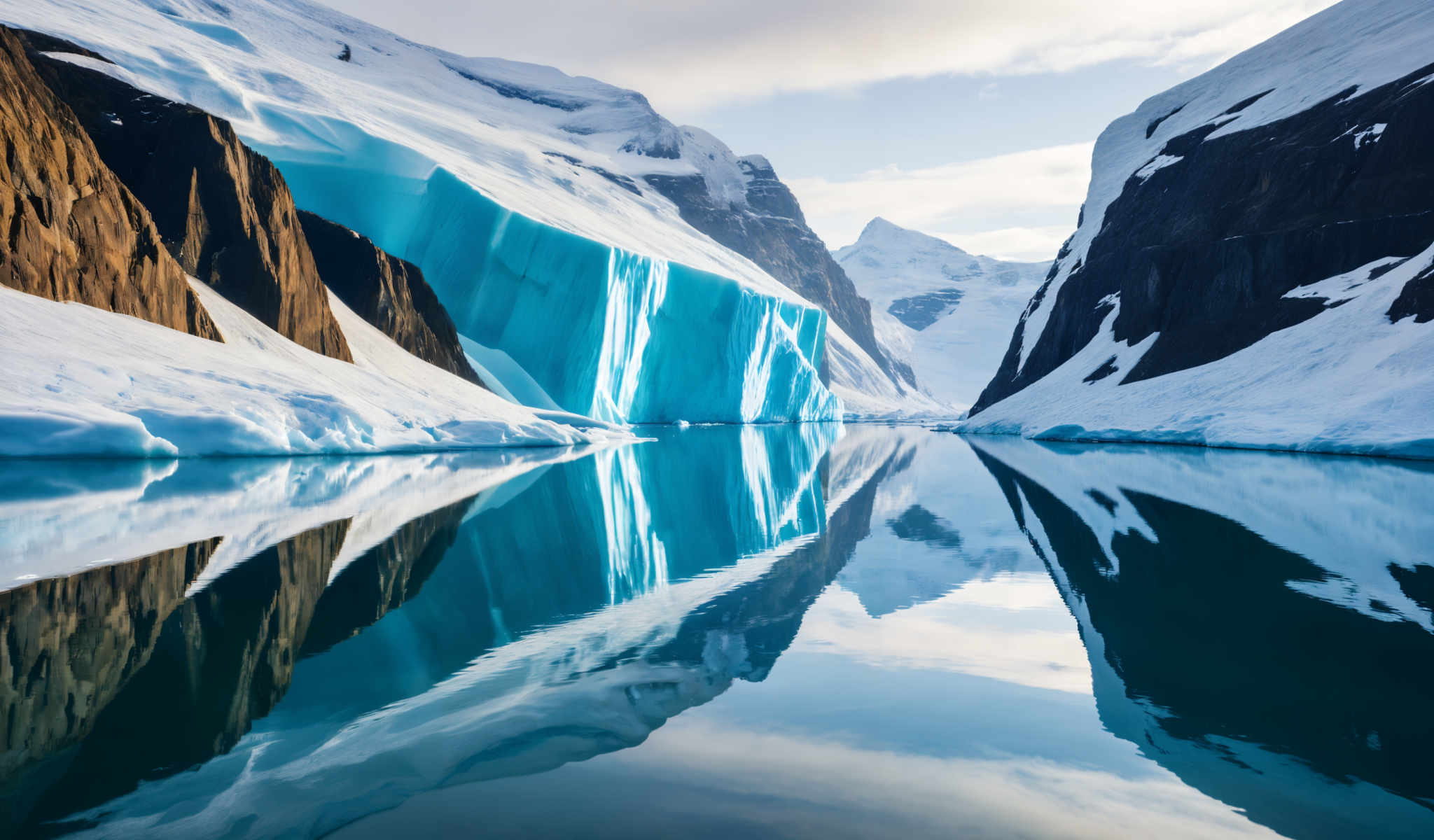 A serene scene of a mountainous landscape with a large body of water in the foreground. The water is calm and still reflecting the majestic blue icebergs that surround it. These iceberges are towering and jagged their blue color contrasting beautifully with the clear sky above. The mountains in the background are covered in snow adding to the overall cool and icy atmosphere of the scene. The image captures the raw and untouched beauty of nature with the icebergers and mountains standing tall and proud.