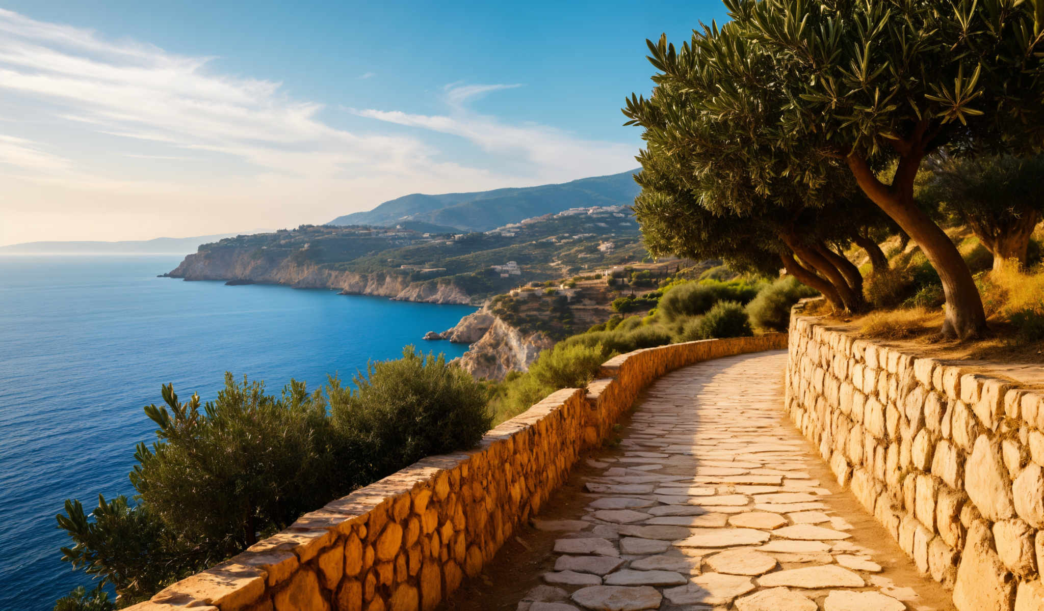 A stone path leads to a cliff overlooking the ocean. The path is lined with trees and shrubs providing a natural border. The ocean a deep blue stretches out to the horizon meeting the clear sky. The cliff a mix of green and brown is dotted with houses and buildings suggesting a coastal town or city. The image captures the serene beauty of the location with the stone path inviting viewers to imagine walking along it and enjoying the view.