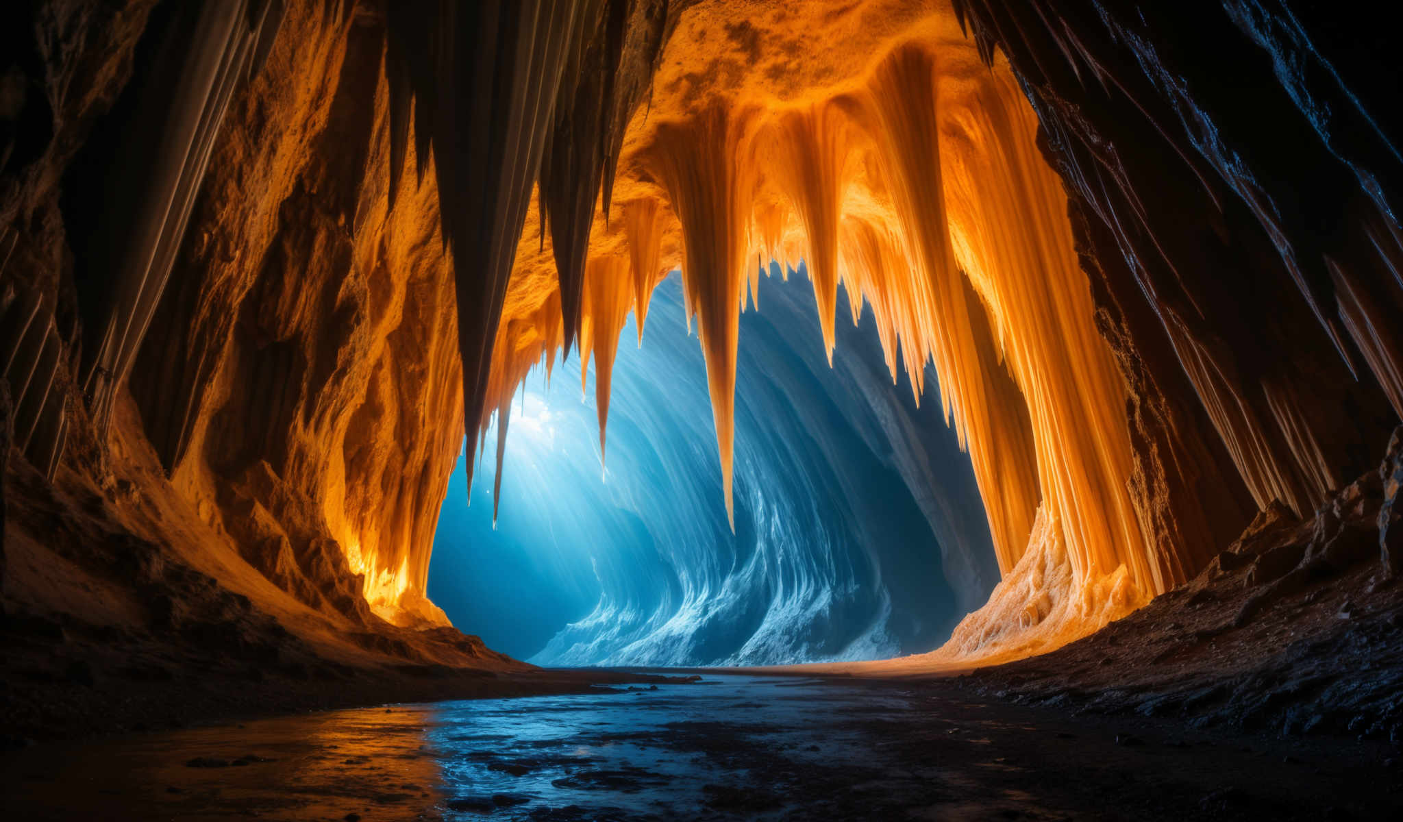 A cave with a large opening and icicles hanging from the ceiling.