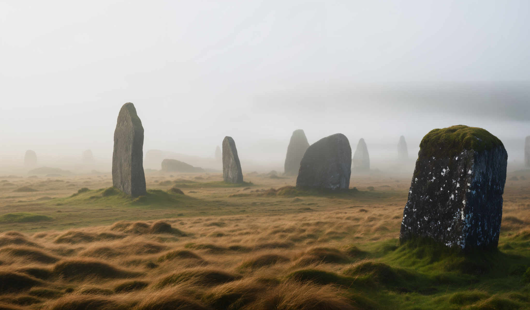 The image shows a foggy landscape with several large rock formations. The rocks are dark gray and have a jagged appearance. They are scattered throughout the field which is covered in tall dry grass. The fog is thick obscuring the background and creating a sense of mystery. The photo is taken from a low angle looking up at the rocks emphasizing their size and prominence in the scene. The overall mood of the photo is moody and atmospheric with the fog and the dark rocks adding to the dramatic effect.