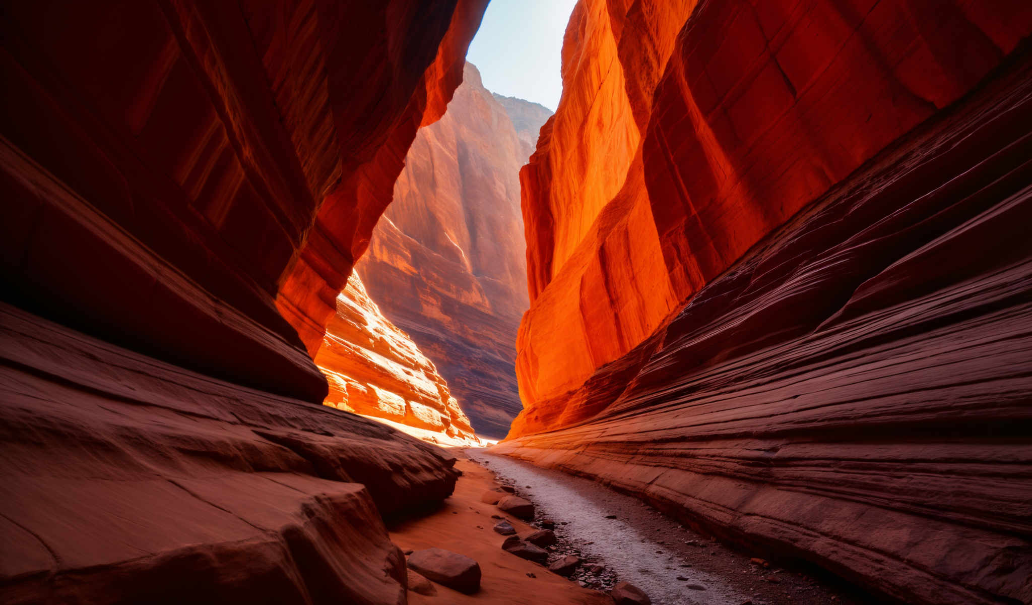 A narrow canyon with a trail through it. The canyon is made of red rock and the trail is made up of small rocks. The trail leads to a waterfall.