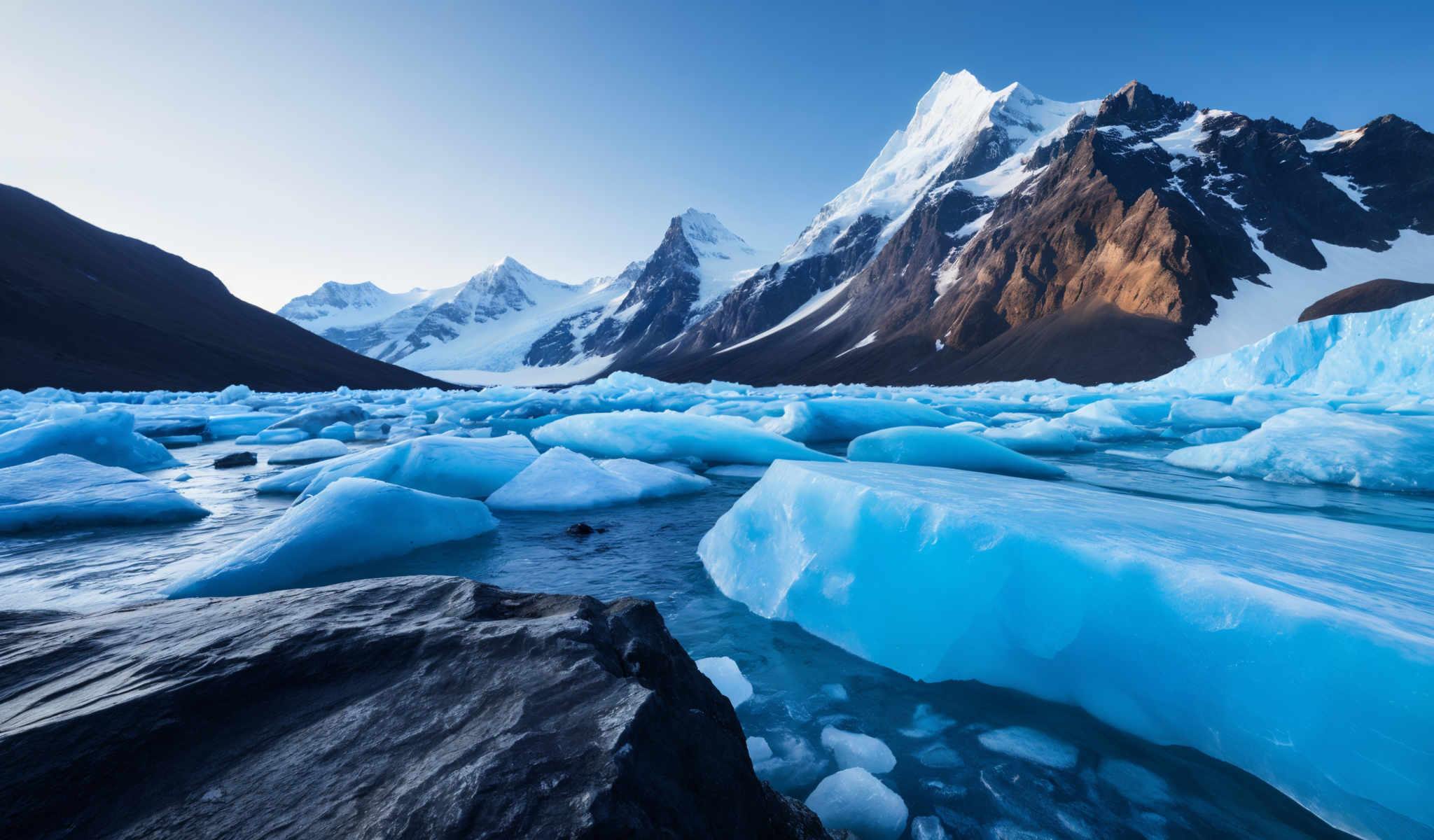 A breathtaking view of a mountain range with snow-capped peaks. The mountains are bathed in sunlight creating a beautiful contrast with the clear blue sky. The foreground is dominated by a body of water its surface a mix of blue and white with chunks of ice floating on it. The water appears calm and serene adding to the overall tranquility of the scene. The image captures the majesty and beauty of nature in its raw form.