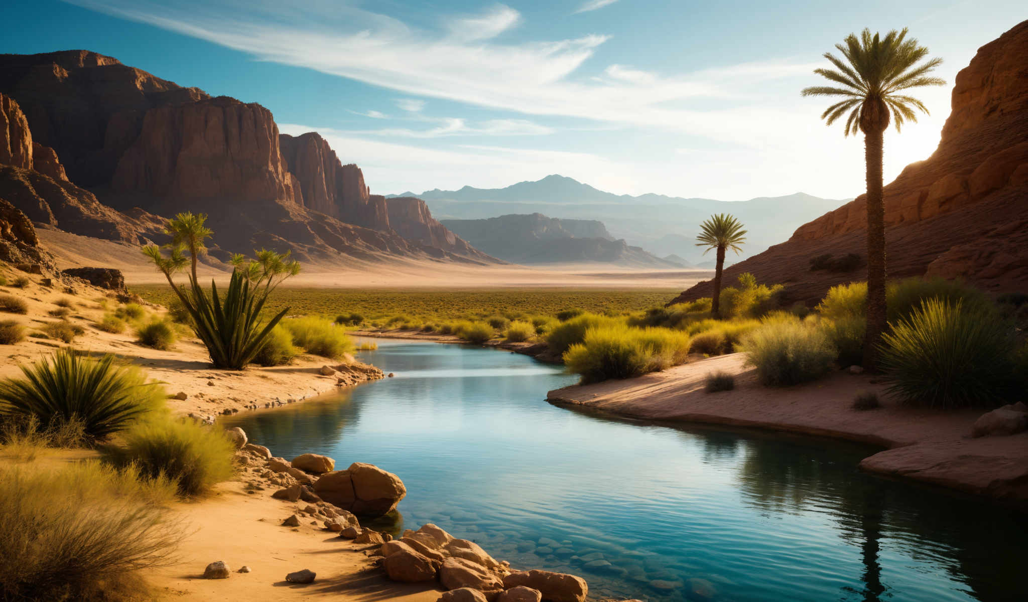 A serene desert landscape with a river flowing through it. The river is surrounded by rocks and vegetation including palm trees. The sky above is a clear blue with a few clouds scattered across it. In the distance mountains rise against the horizon. The colors in the image are predominantly blue green and brown. The image does not contain any text or human figures. The relative positions of the objects suggest a vast open space with the river flowing from the foreground towards the mountains in the background. The palm trees are scattered along the riverbank adding a touch of green to the otherwise brown and blue landscape. The mountains in distance appear to be far away suggesting that the river is quite deep and wide. The clear blue sky suggests a calm sunny day. The rocks along the bank of the river appear to vary in size with some appearing larger than others. The vegetation along the banks of the rivers appears to be sparse with only a few palm trees visible. The overall impression is one of a peaceful natural landscape.