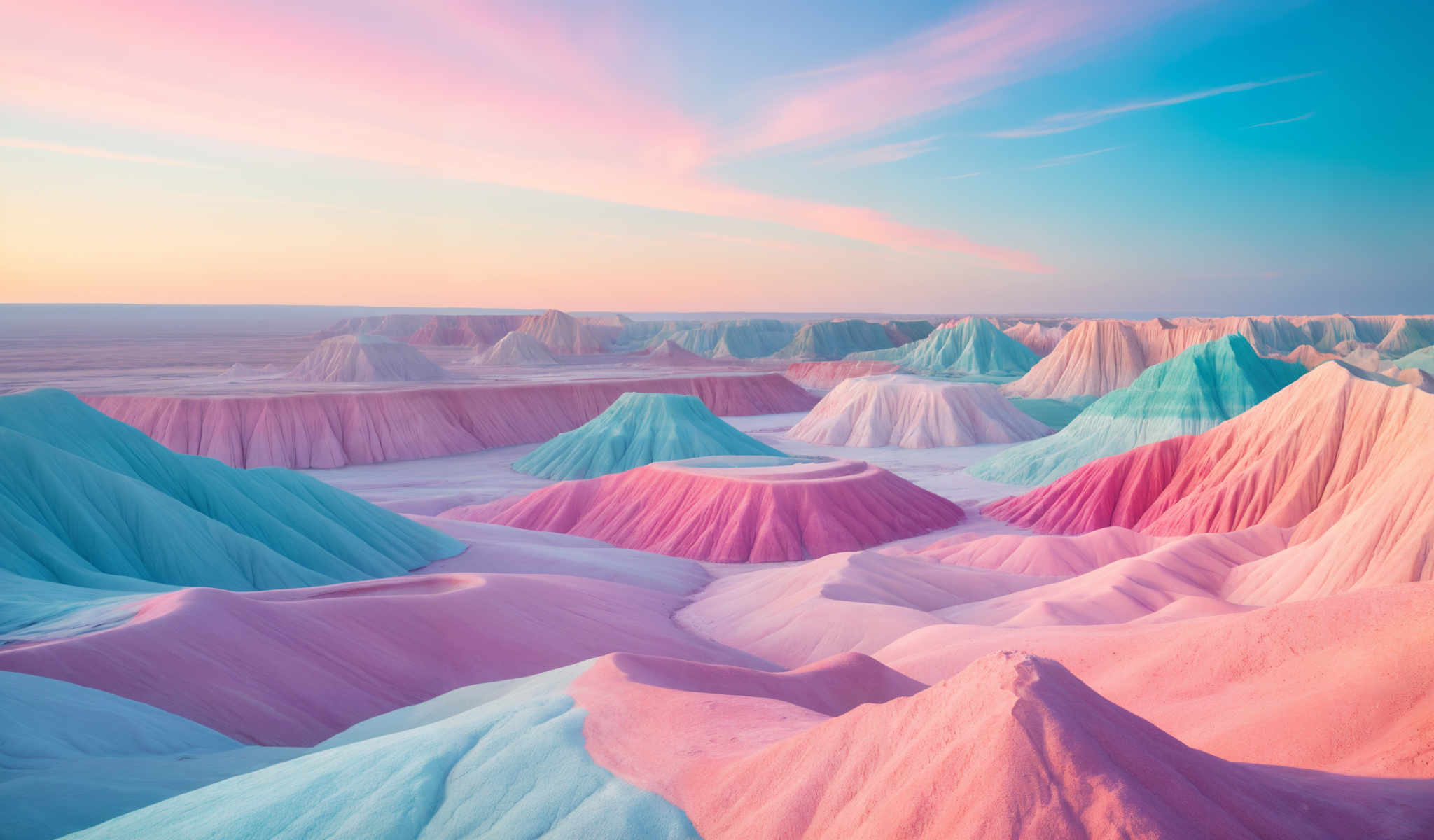 A colorful landscape of mountains with pink blue and green colors.