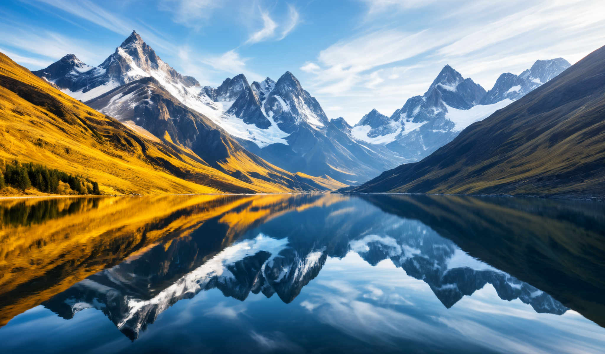 A serene mountain landscape with a lake in the foreground. The mountains are covered in snow and the sky is a clear blue. The lake is calm and still reflecting the mountains and the blue sky. The colors in the image are predominantly blue white and green. The image does not contain any text or man-made objects. The relative positions of the objects are such that the mountains are in the background the lake is in the middle ground and the clear blue sky is at the top. The snow on the mountains appears to be quite deep indicating a cold climate. The calmness of the lake suggests a peaceful and tranquil environment. The clear blue skies suggest good weather conditions. The green color of the mountains indicates that they are covered with vegetation. The blue color of both the lake and the skies indicates that the image was taken during the day. The absence of any text in the photo suggests that it was taken in a remote location. The photo appears to have been taken from a distance as the mountains appear small in the frame. The stillness of both water and sky suggests that the photo was taken on a calm day.