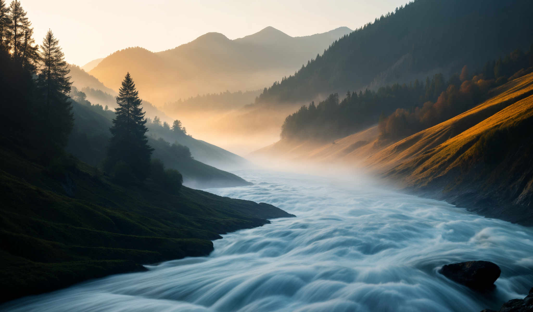 A serene scene of a river flowing through a mountainous landscape. The river filled with white water is the main focus of the photo. It's surrounded by lush greenery with trees and bushes lining its banks. The mountains in the background are covered in a dense forest adding to the natural beauty of the scene. The sky above is a clear blue with the sun shining brightly casting a warm glow over the entire landscape. This image captures the tranquility and majesty of nature in its purest form.