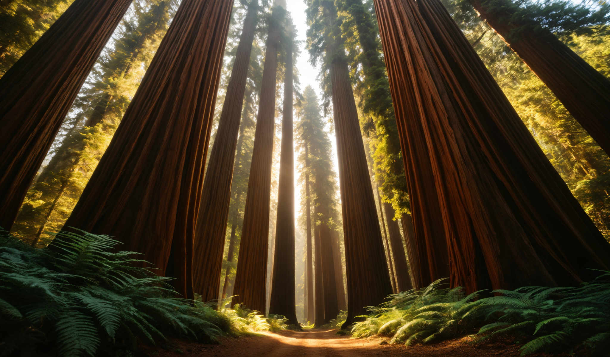 A forest of tall trees with green leaves and brown trunks.