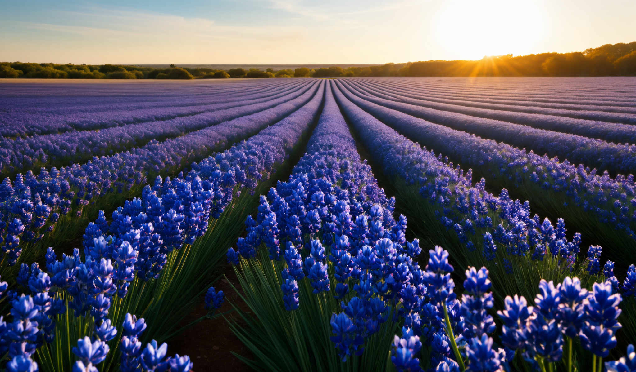 A field of blue flowers with a sunset in the background.