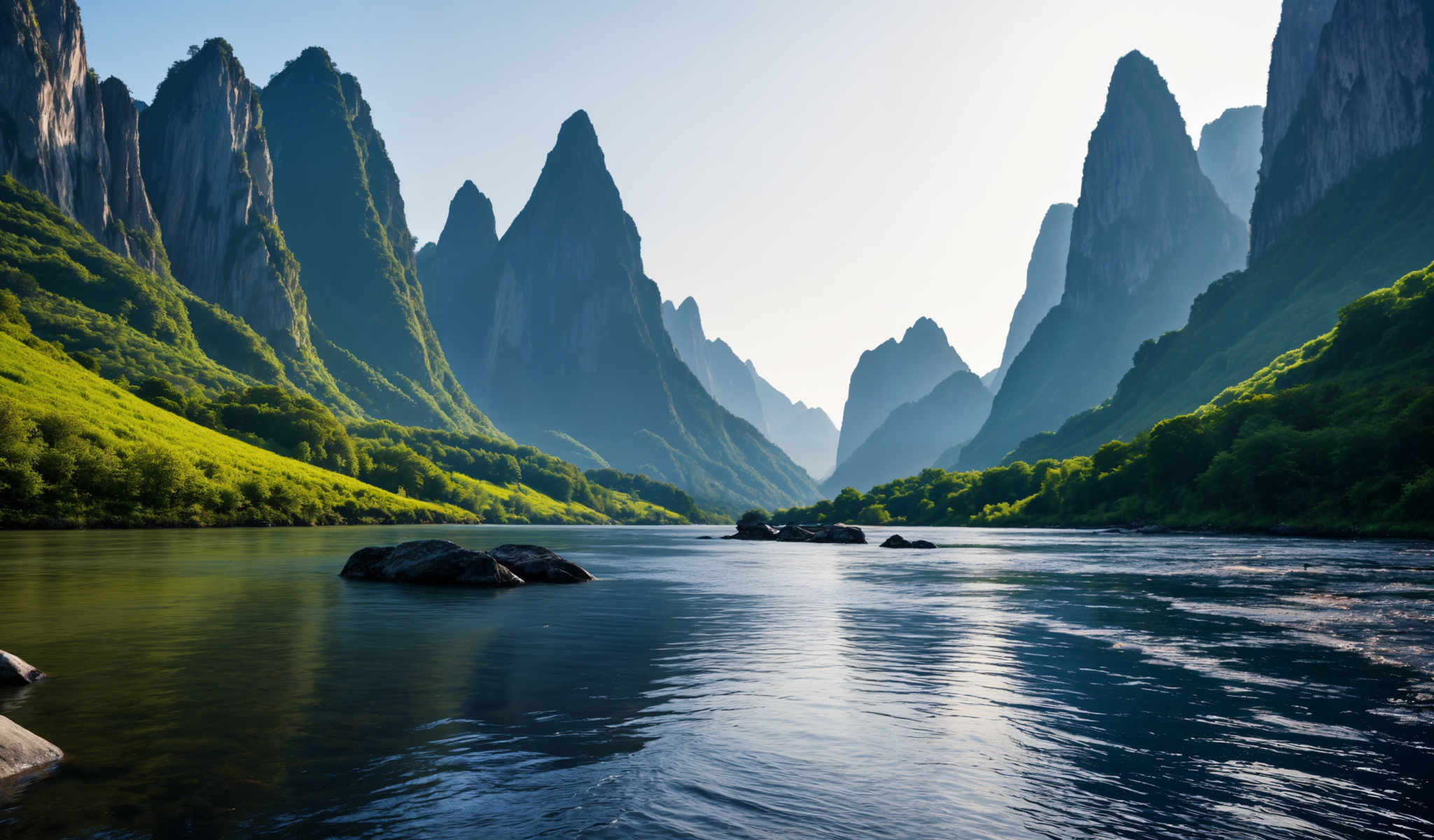 A serene landscape of a mountainous area with a river flowing through it. The mountains are covered in lush greenery and the river is dotted with rocks. The sky above is a clear blue and there are no clouds visible. The image is taken from a distance allowing for a full view of the beautiful scenery. The colors in the image are vibrant with the green of the mountains contrasting with the blue of the sky and river. The rocks in the river add a touch of ruggedness to the otherwise smooth water. The overall scene is peaceful and inviting a perfect representation of nature's beauty.