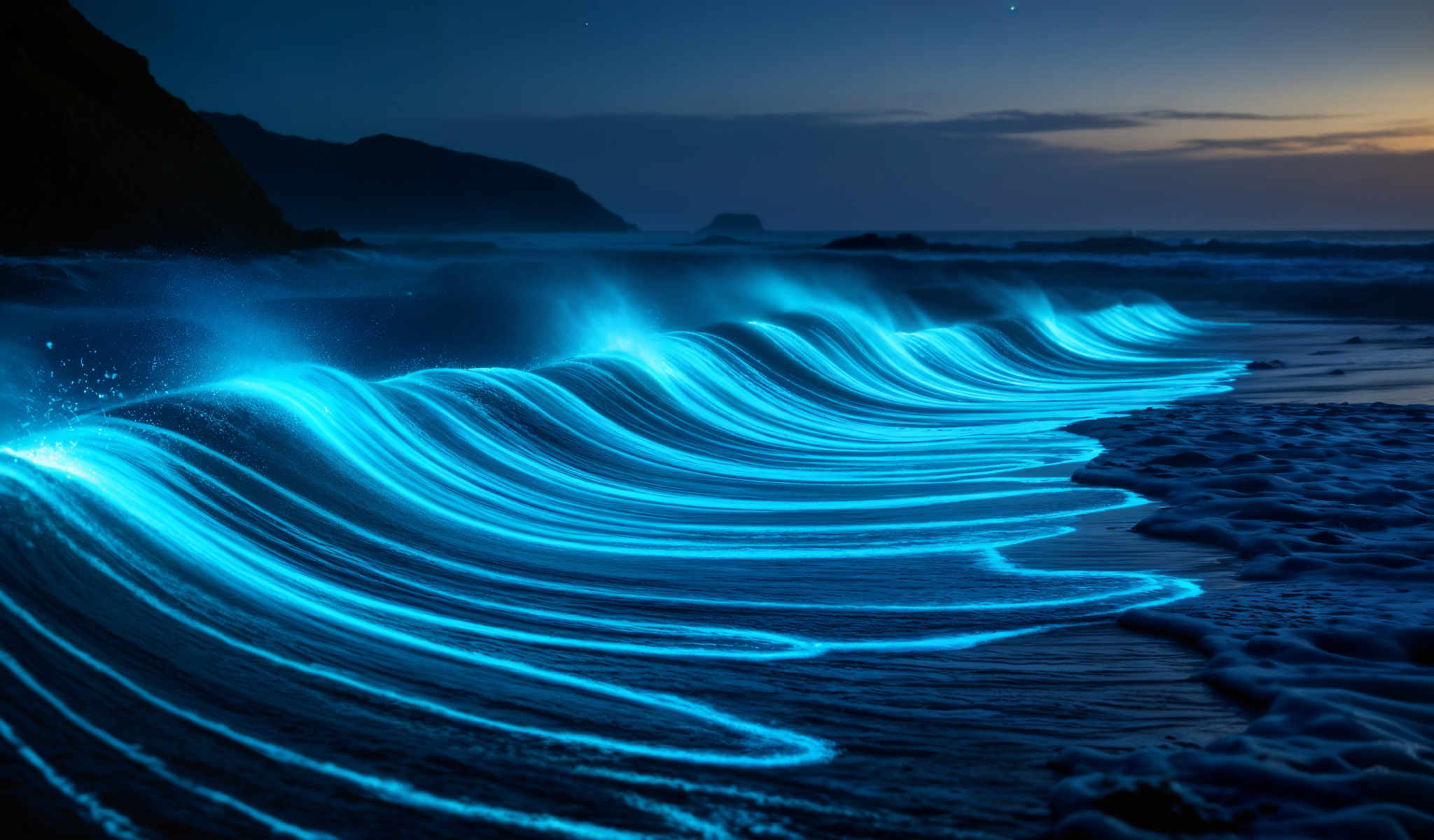 A blue wave with a mountain in the background.